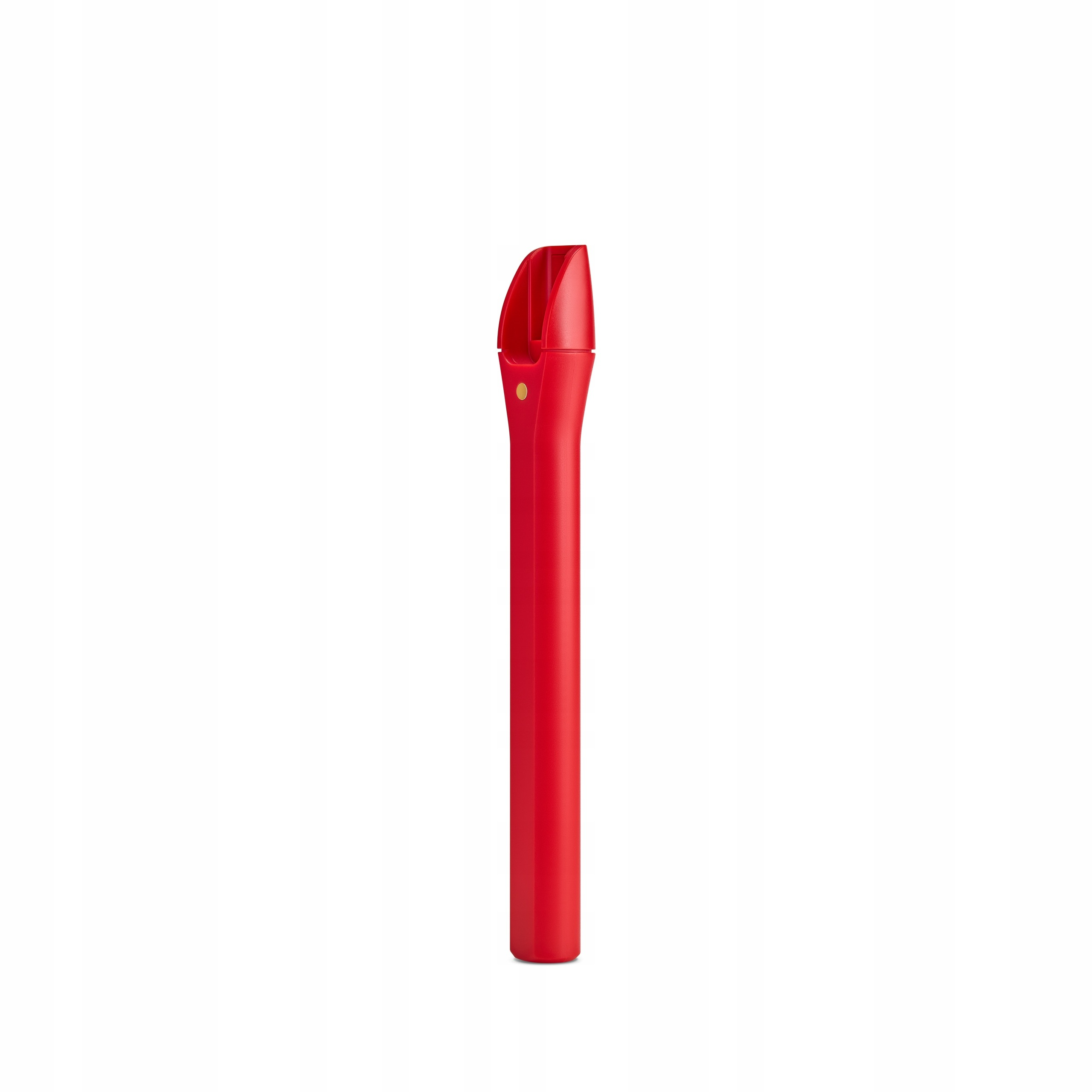 Un apribottiglie rosso con un punto dorato su sfondo bianco.