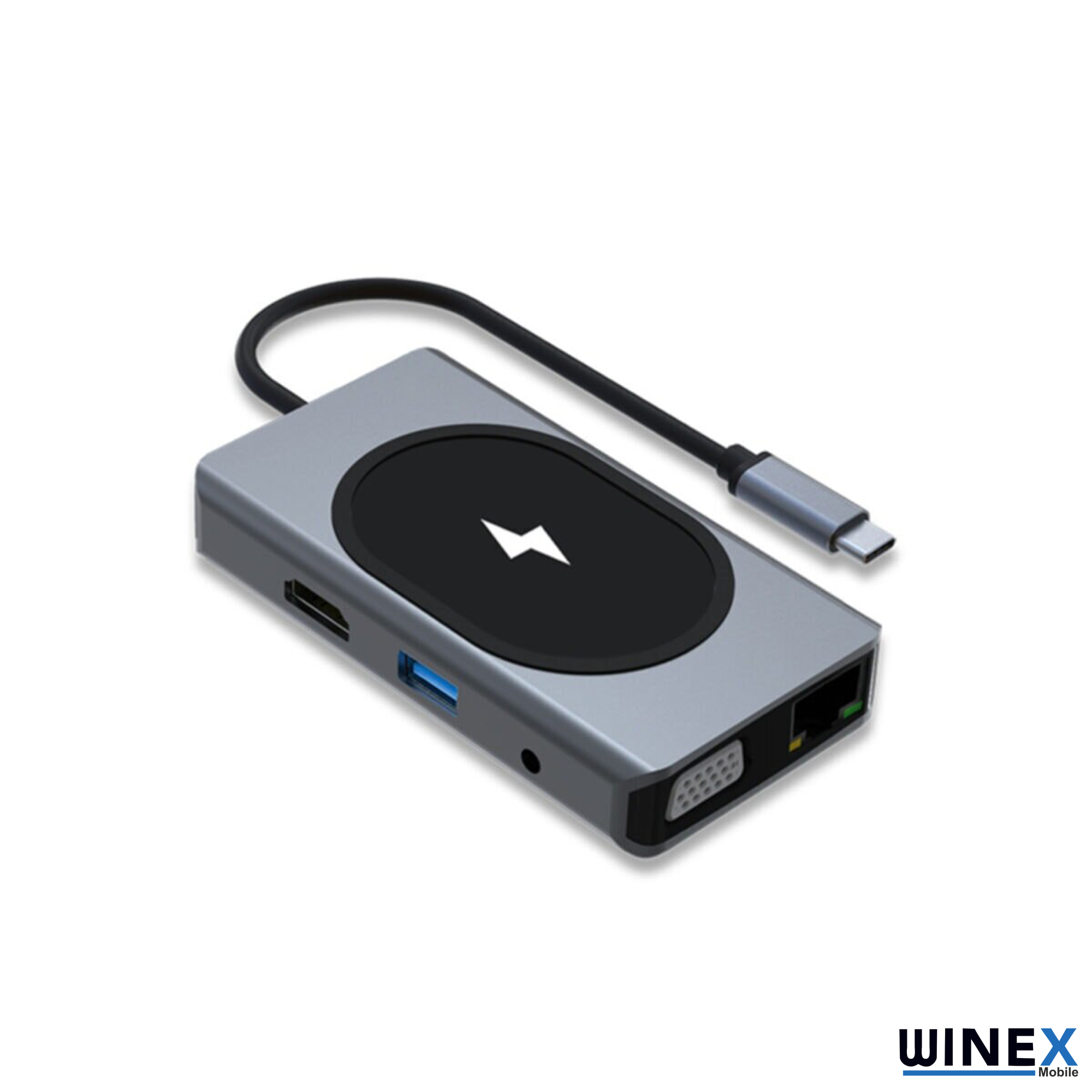 Şarj göstergeli gri USB-C hub, HDMI, USB-A, VGA ve Ethernet bağlantı noktaları.