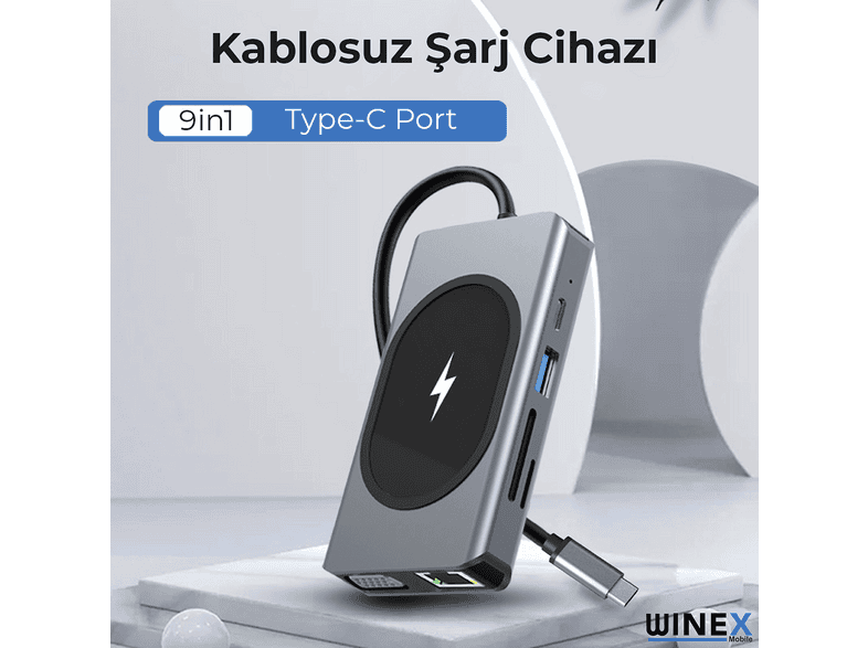 WINEX MOBILE 9'u 1 Arada USB Type-C Hub Port 4K HDMI USB Ethernet