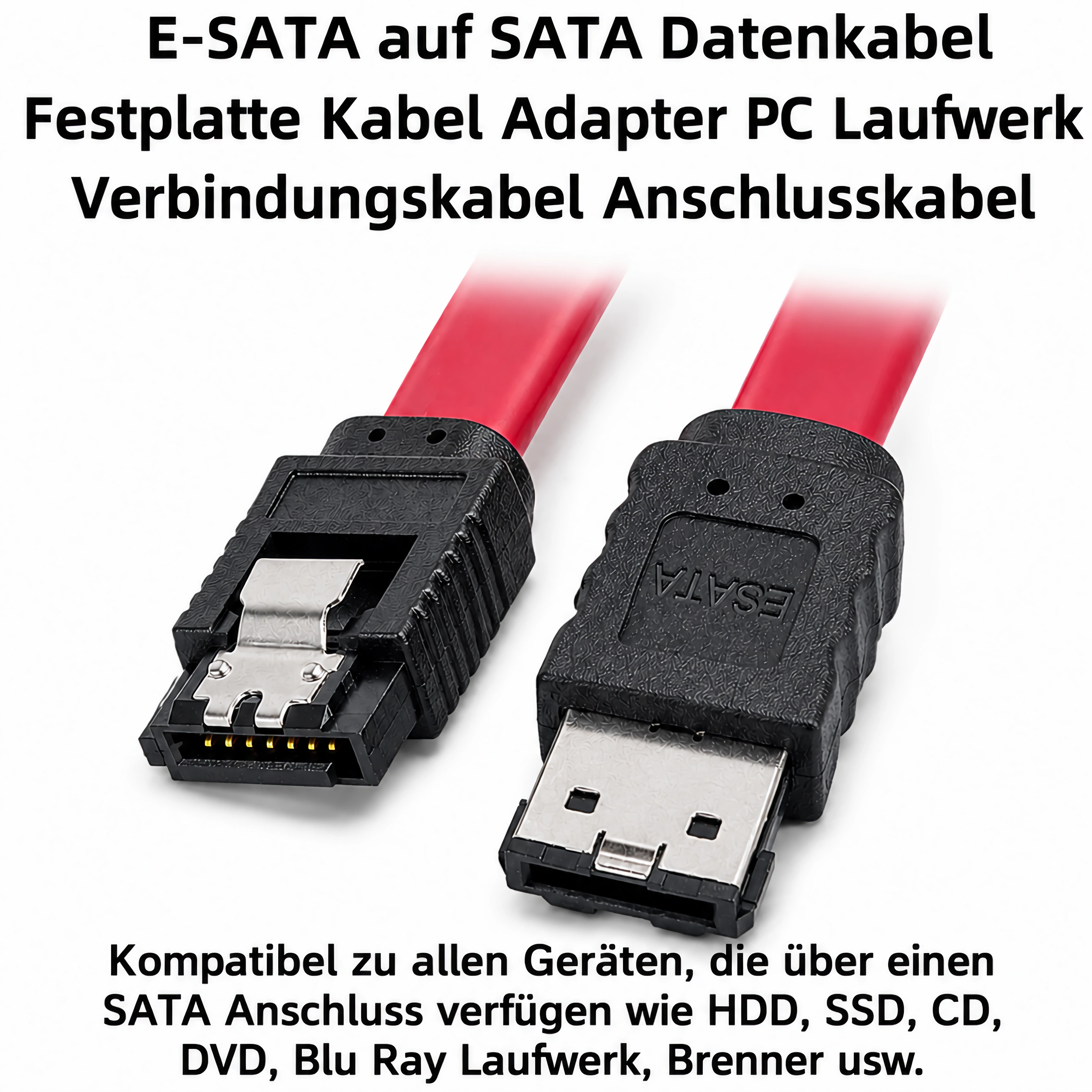Zwei rote SATA-Datenkabel mit schwarzen Steckern, eines E-SATA, eines SATA.