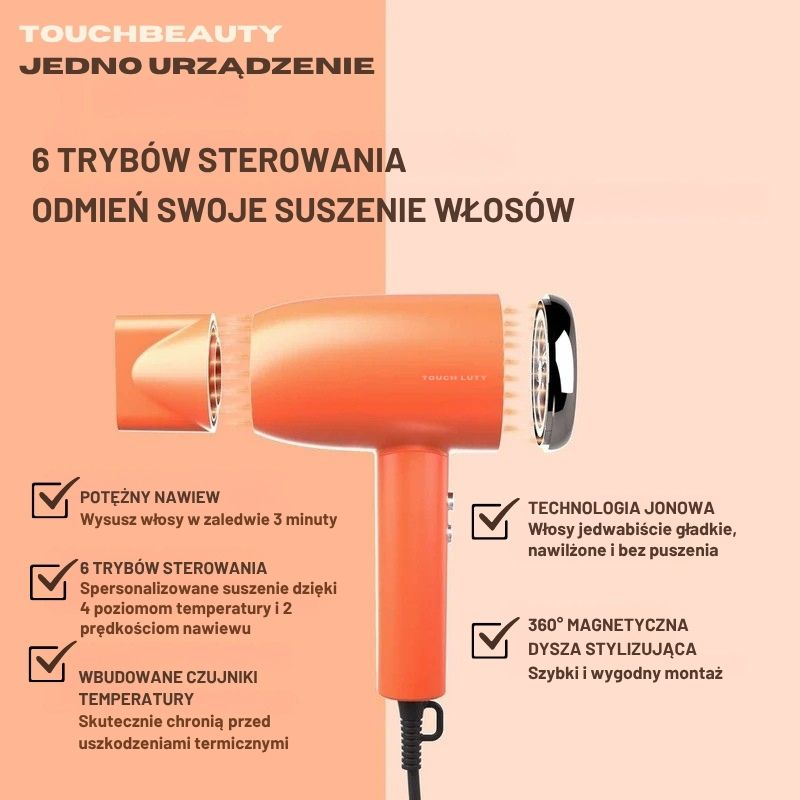 Pomarańczowa suszarka do włosów z nasadkami i polskim tekstem opisującym cechy.