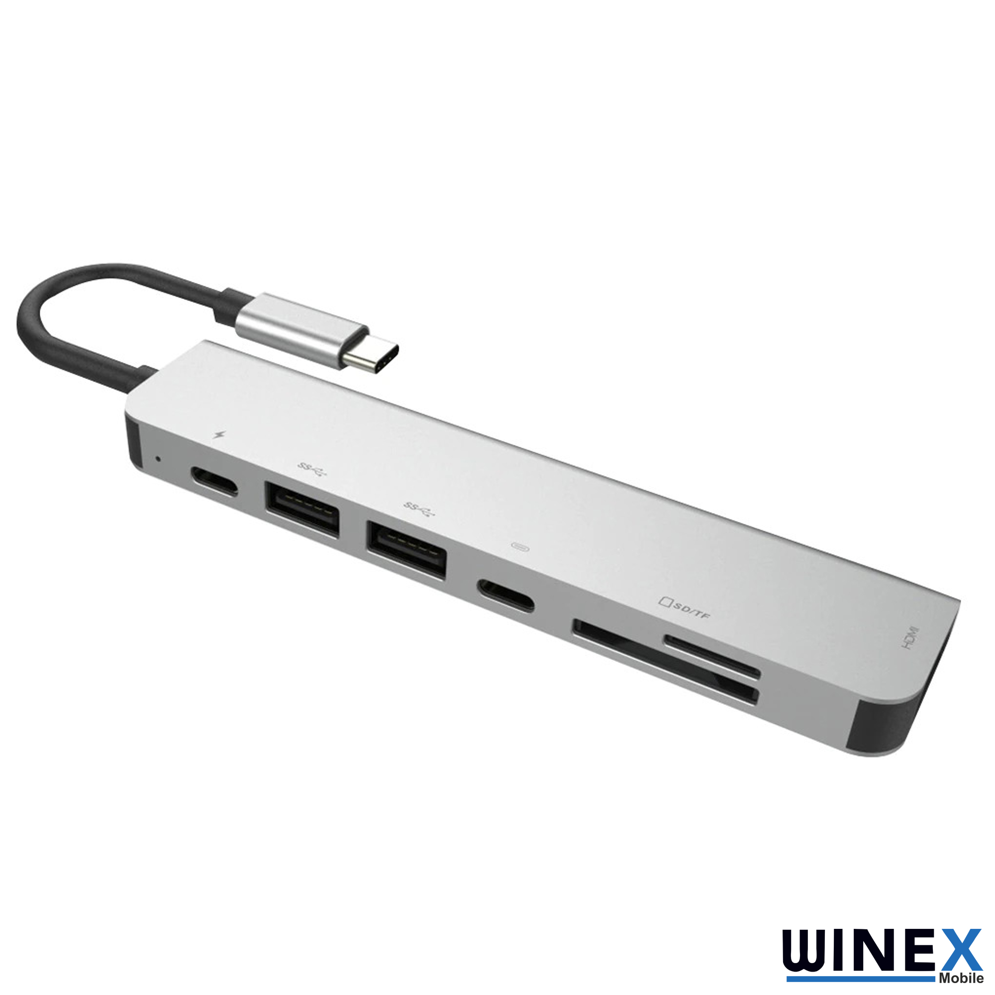 Gümüş USB-C hub, SD/TF, HDMI ve USB bağlantı noktalarına sahip.