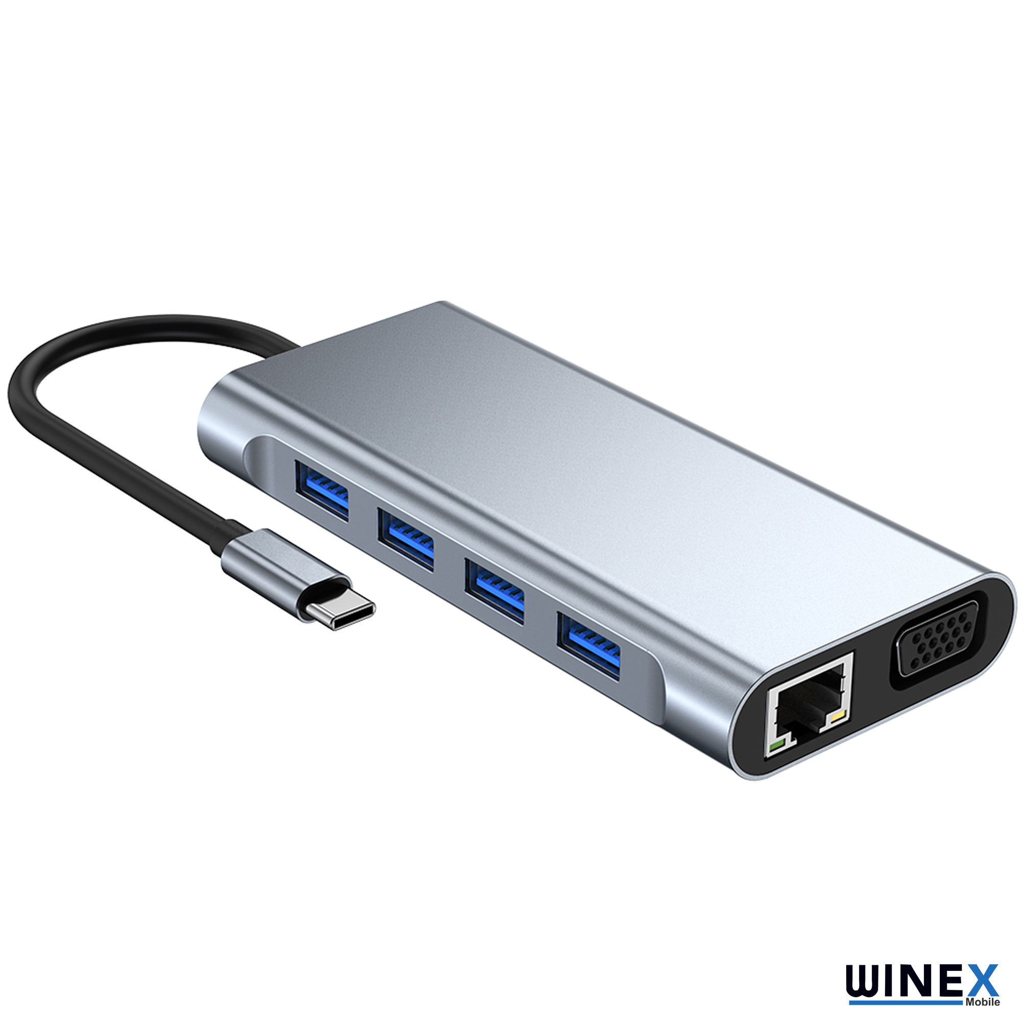 Dört USB-A, Ethernet ve VGA bağlantı noktasına sahip gümüş renkli USB-C hub.