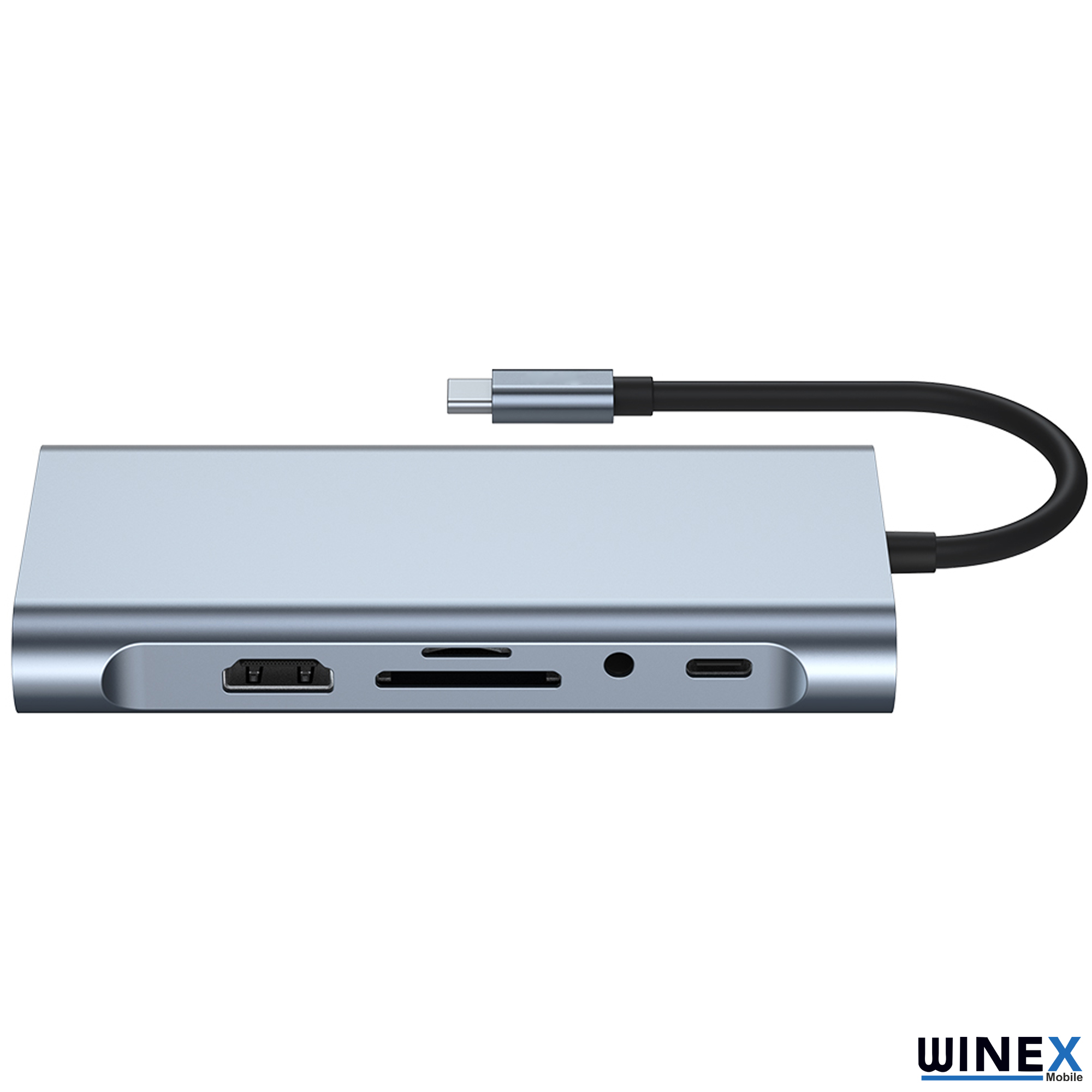 Gümüş USB-C hub HDMI, SD kart, ses ve USB-C portlu.