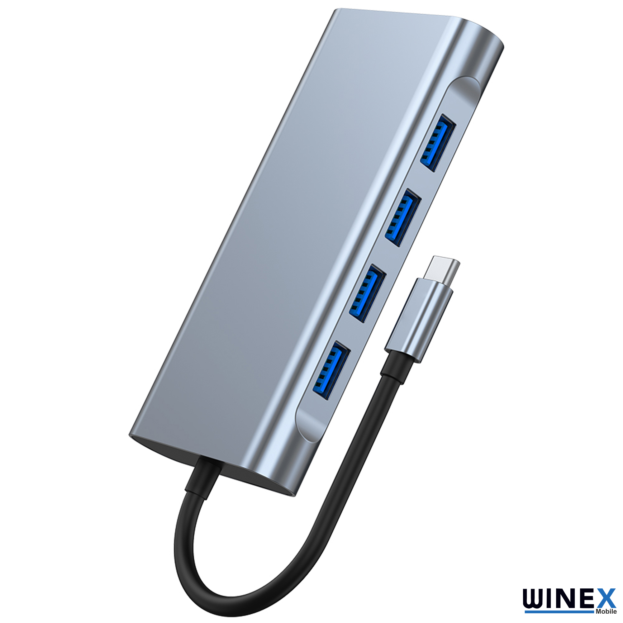 Dört mavi USB bağlantı noktasına ve kabloya sahip gümüş renkli USB-C hub.