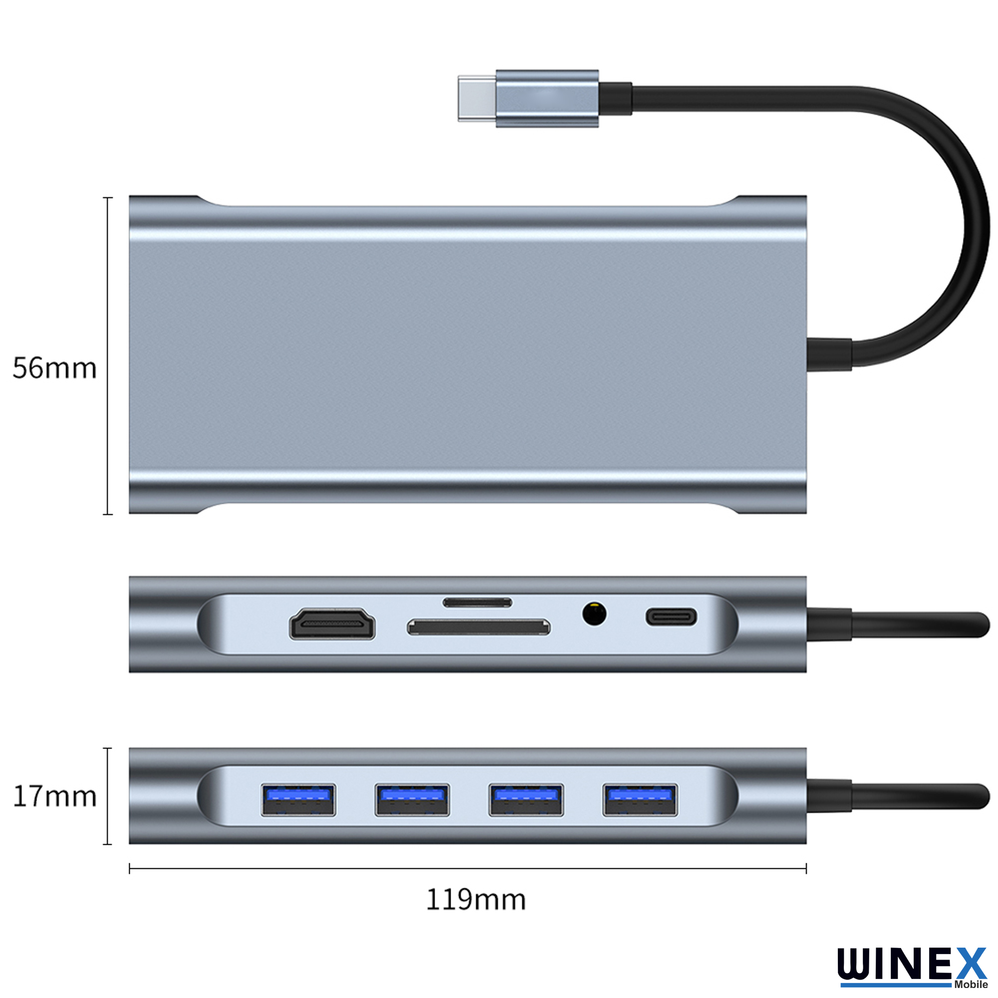 Gümüş USB-C hub, HDMI, SD, USB-A bağlantı noktaları ve kablolu.