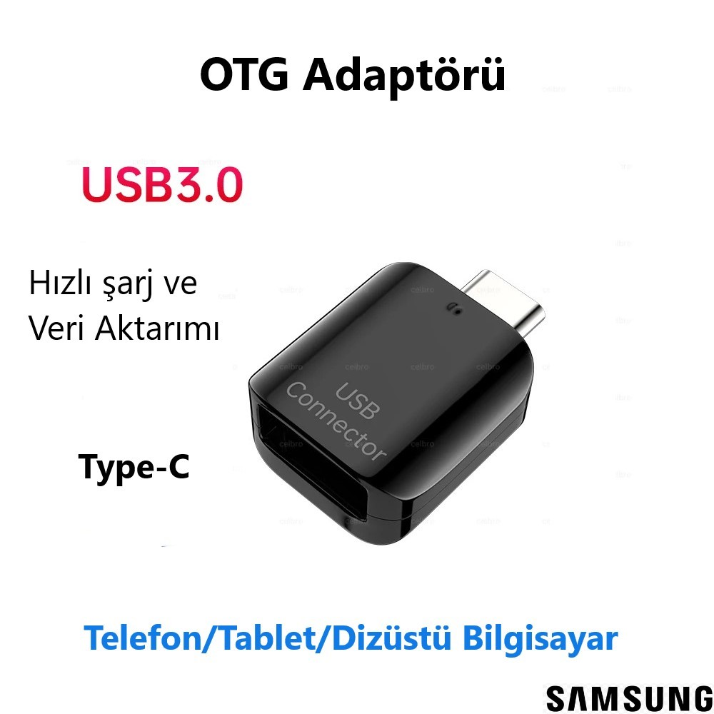 Telefonlar için USB 3.0 ve Type-C konnektörlü siyah OTG adaptörü.