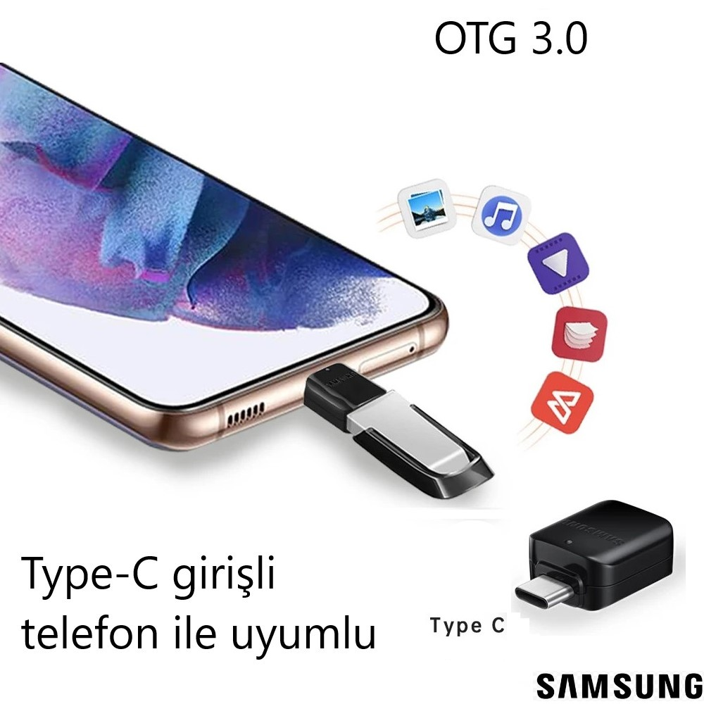 Bir USB-C OTG adaptörü, akıllı telefonu bir USB sürücüsüne bağlar. Birden fazla uygulama simgesi görünür.