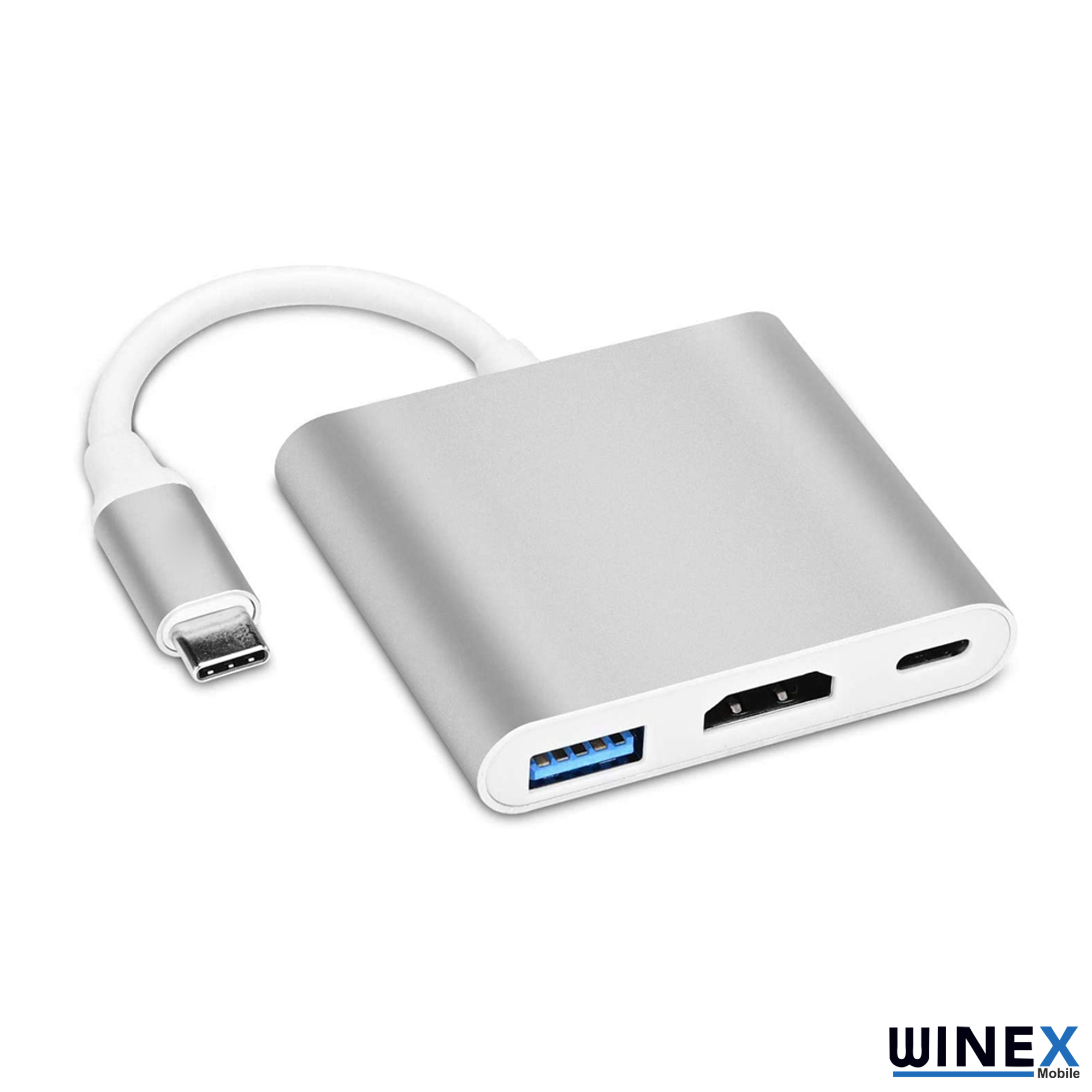 HDMI, USB-A ve USB-C bağlantı noktalarına sahip gümüş renkli USB-C hub.