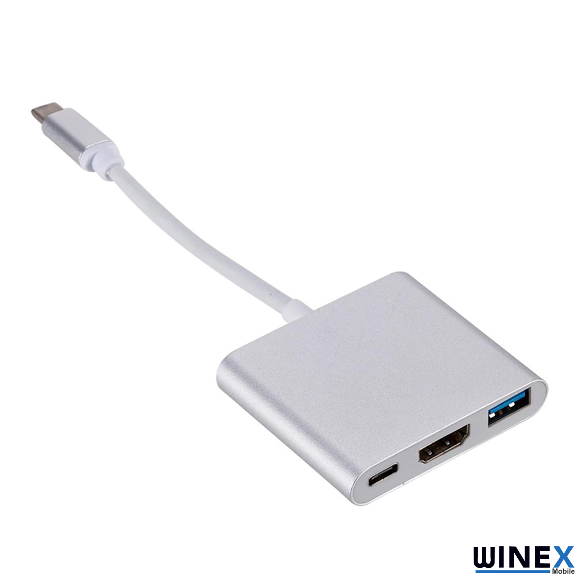 Beyaz arka plan üzerinde HDMI, USB-A ve USB-C bağlantı noktalarına sahip gümüş USB-C hub.