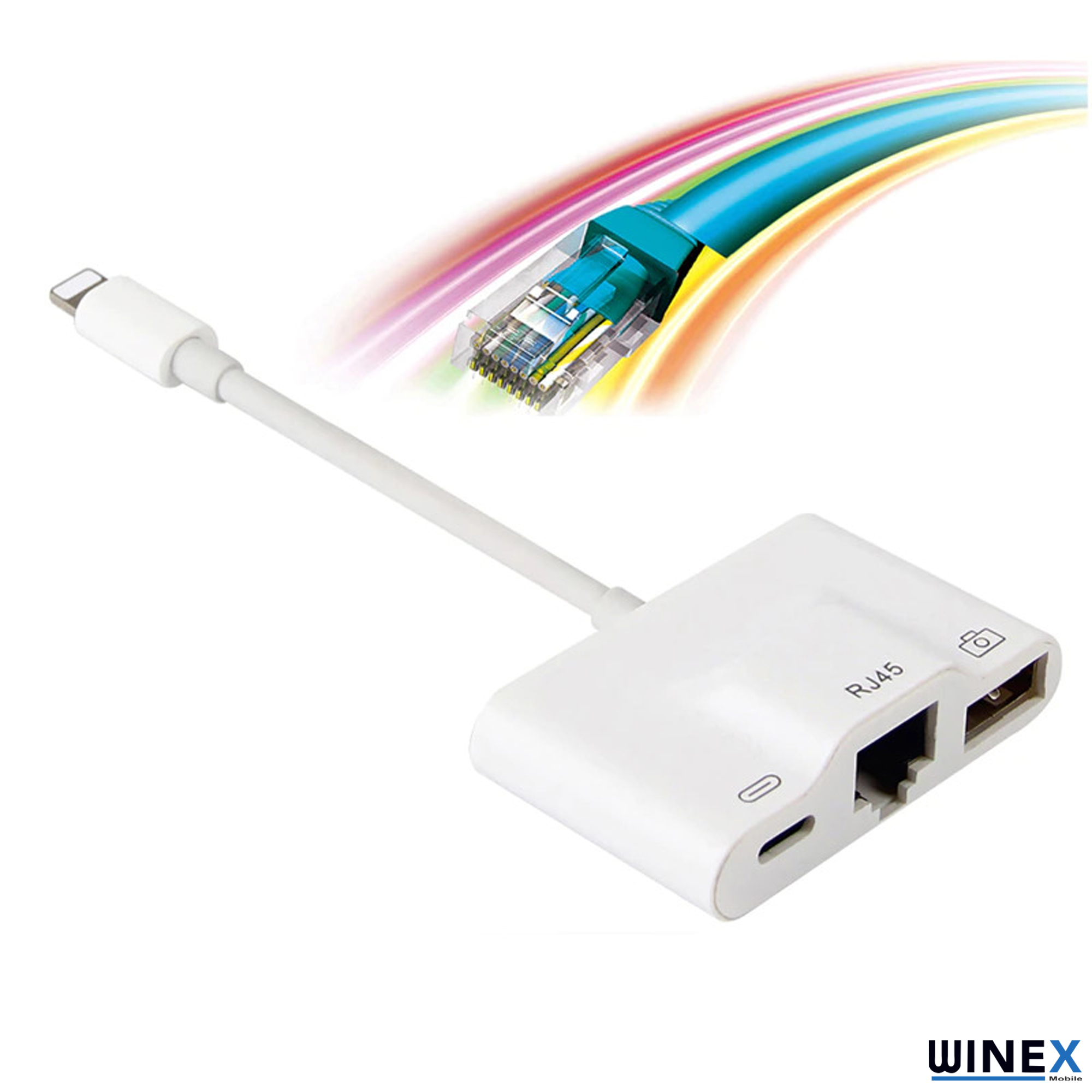 Renkli Ethernet kablosunun yanında, şimşek konektörlü, RJ45 ve USB portlu beyaz adaptör.