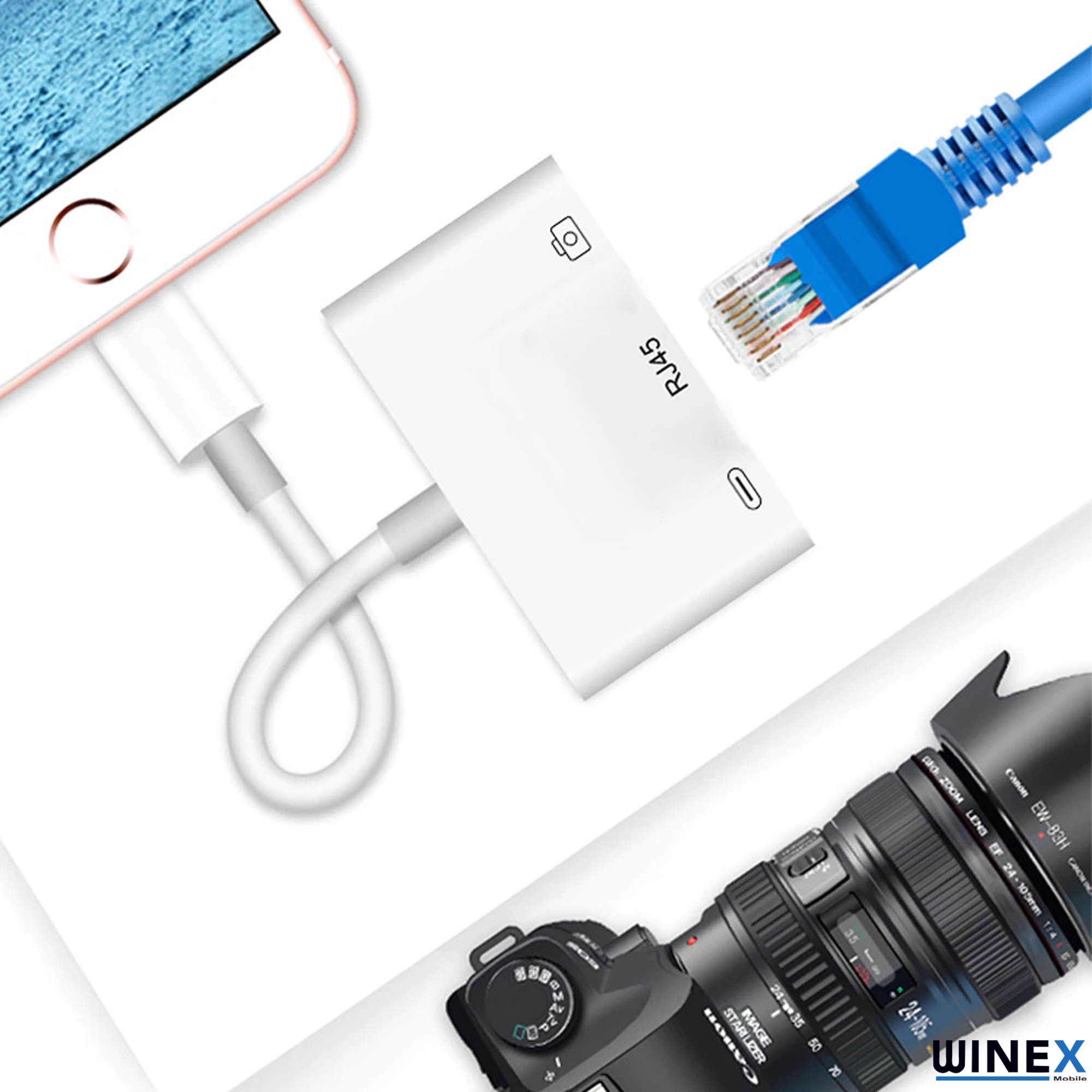 Beyaz bir RJ45 adaptörü iPhone'u mavi bir ağ kablosuna ve bir kameraya bağlar.