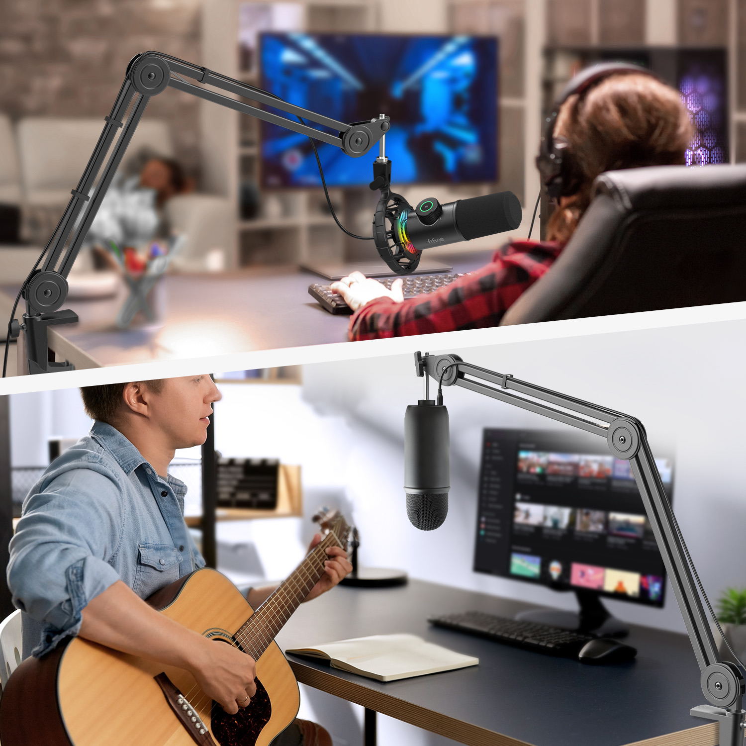 Dwie sceny: U góry podcaster w słuchawkach, na dole gitarzysta. Obaj przed mikrofonem.