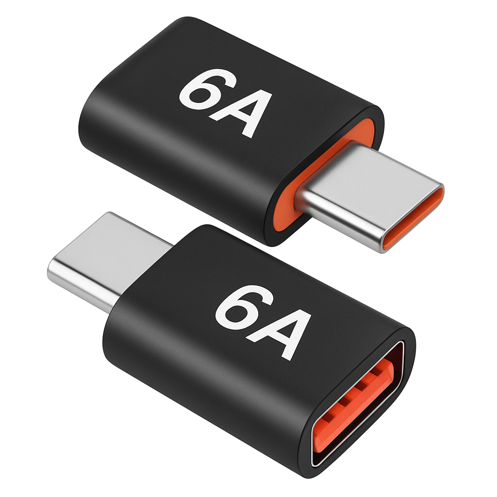 Turuncu iç kısımlara ve beyaz "6A" işaretlerine sahip iki siyah USB-C adaptörü.