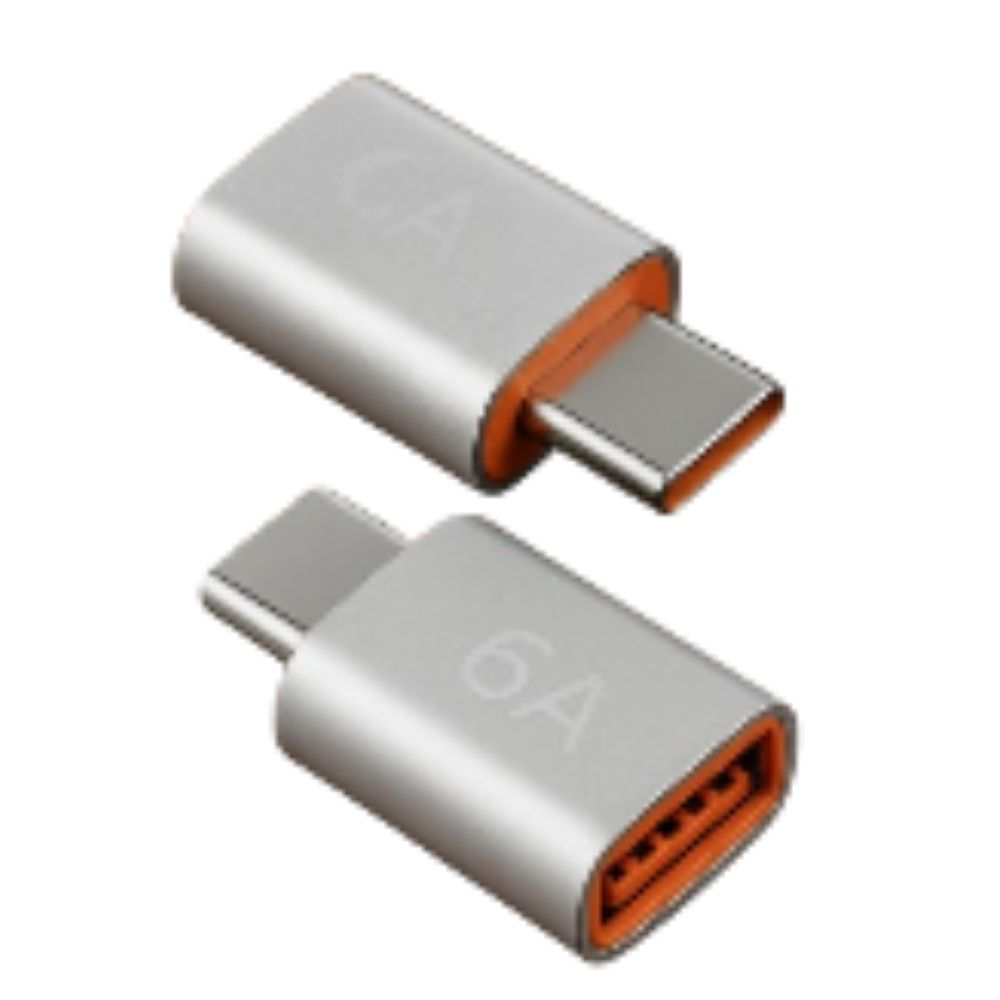 Turuncu ek parçalı, üzerinde 6A yazan iki gümüş USB-C adaptörü.