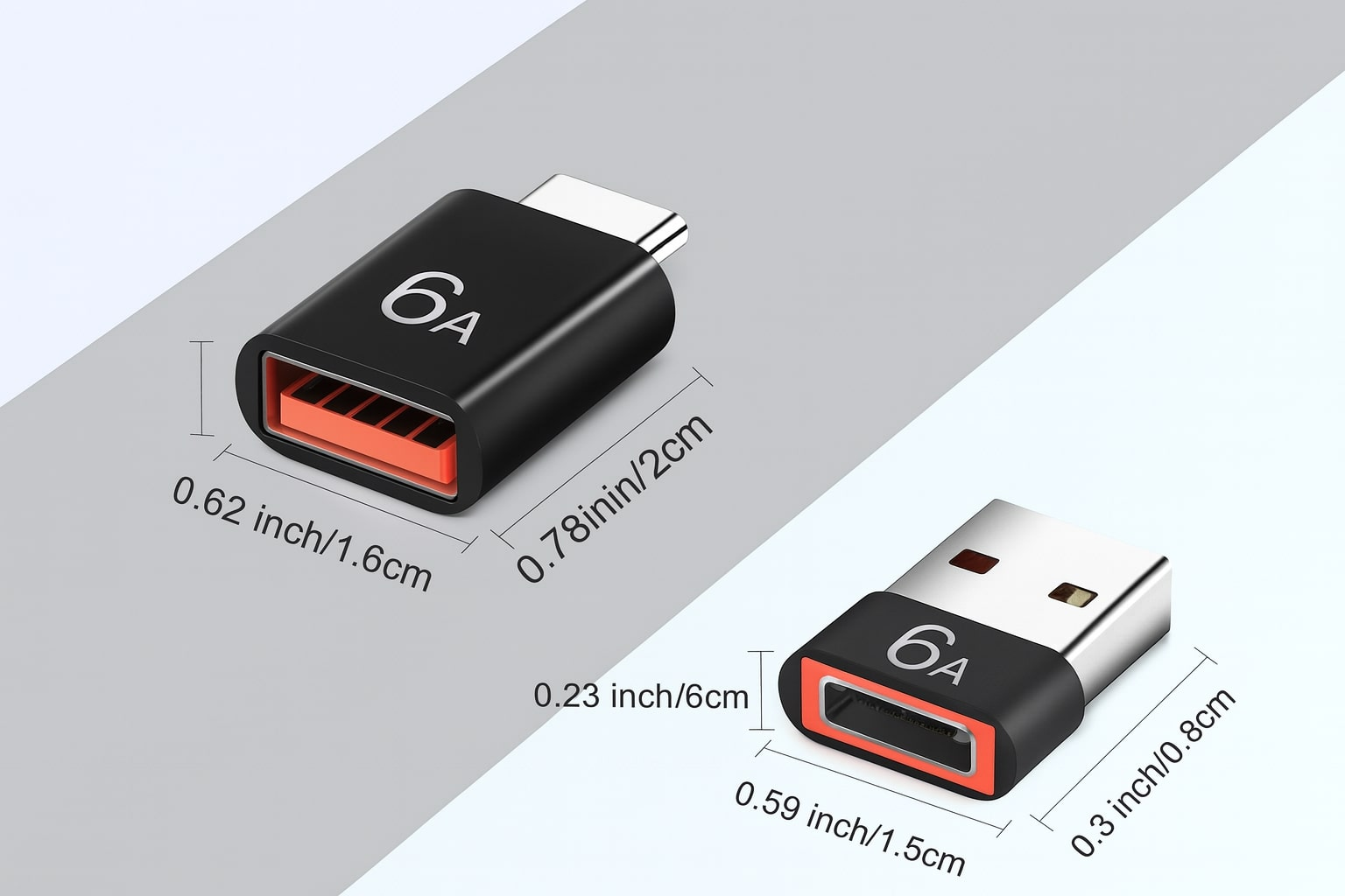 İki adet siyah 6A USB adaptörü, biri USB-C, diğeri USB-A konnektörlü. Boyutlar gösterilmiş.