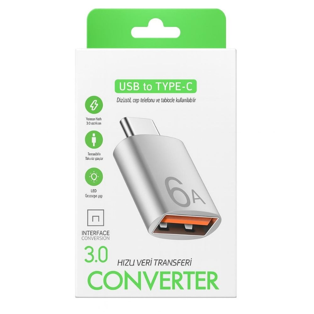 USB - Type-C dönüştürücü, 6A hızlı şarj ve LED göstergeli.