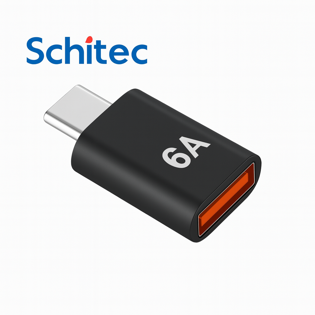 Üzerinde '6A' yazısı ve turuncu konektörü olan siyah USB-C adaptör.