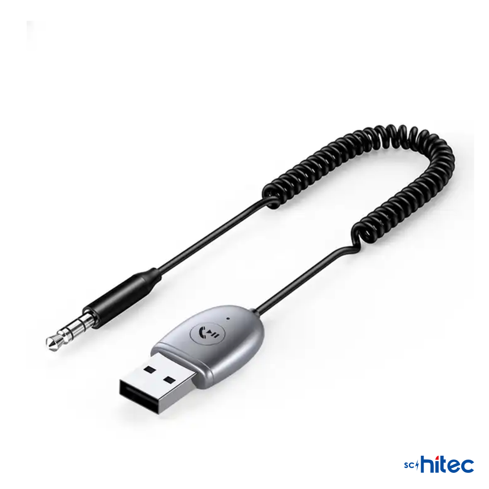 Gümüş renkli USB adaptörü, spiral kablolu ve 3,5 mm jaklı.