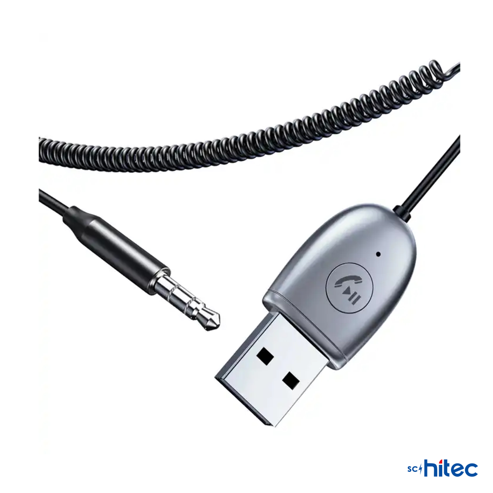 Düğmeli USB konektörlü, 3,5 mm jaklı siyah spiral kablo.