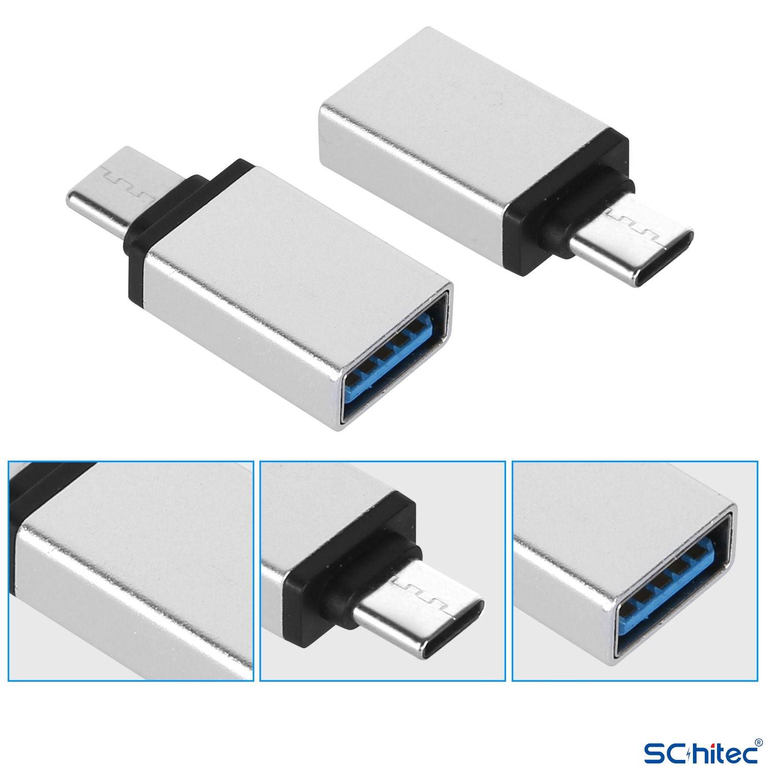 Siyah detaylı iki gümüş renkli USB-C'den USB-A'ya adaptör, beyaz arka plan.