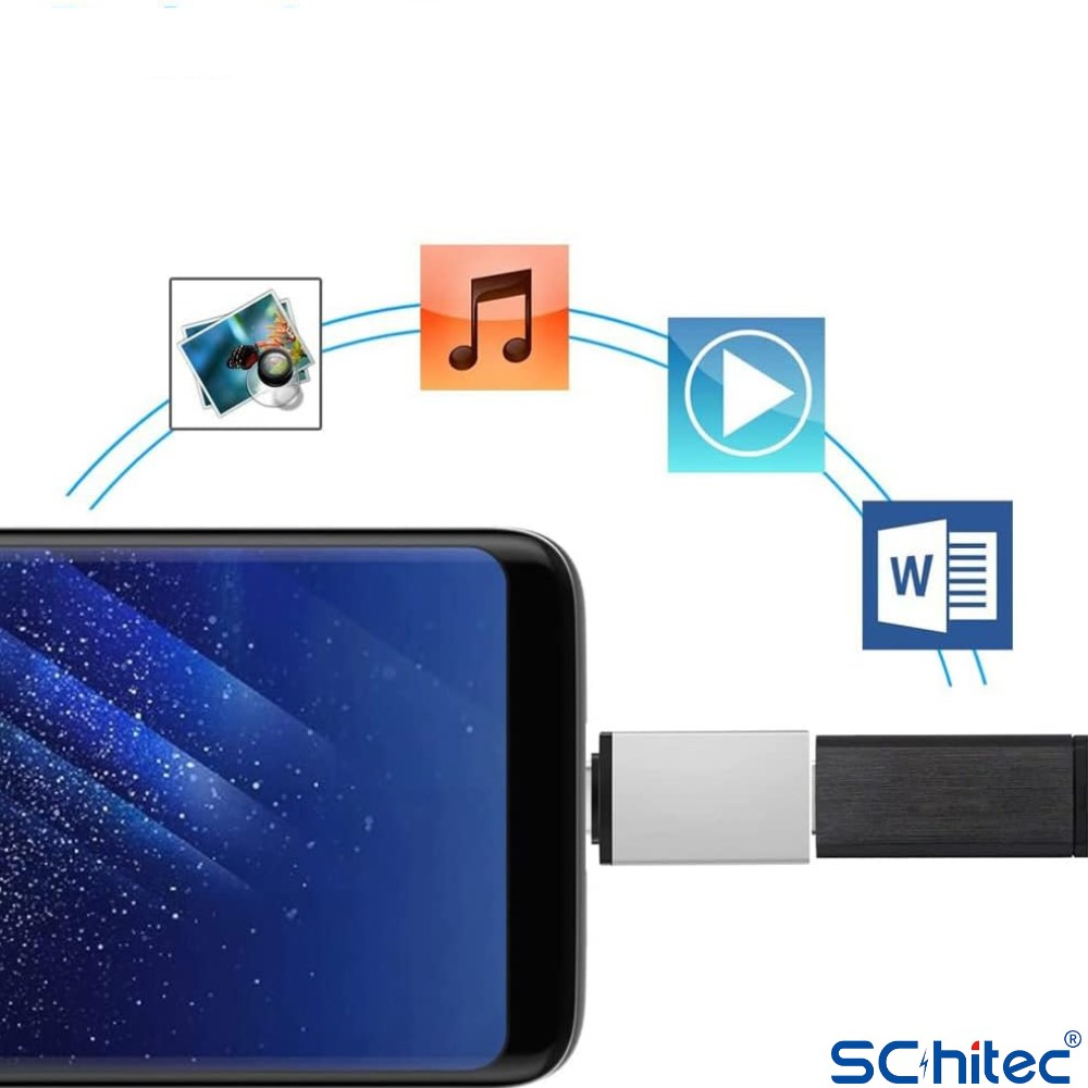 Fotoğraf, müzik, video ve belge simgelerini gösteren depolama cihazlarına bağlı akıllı telefon.