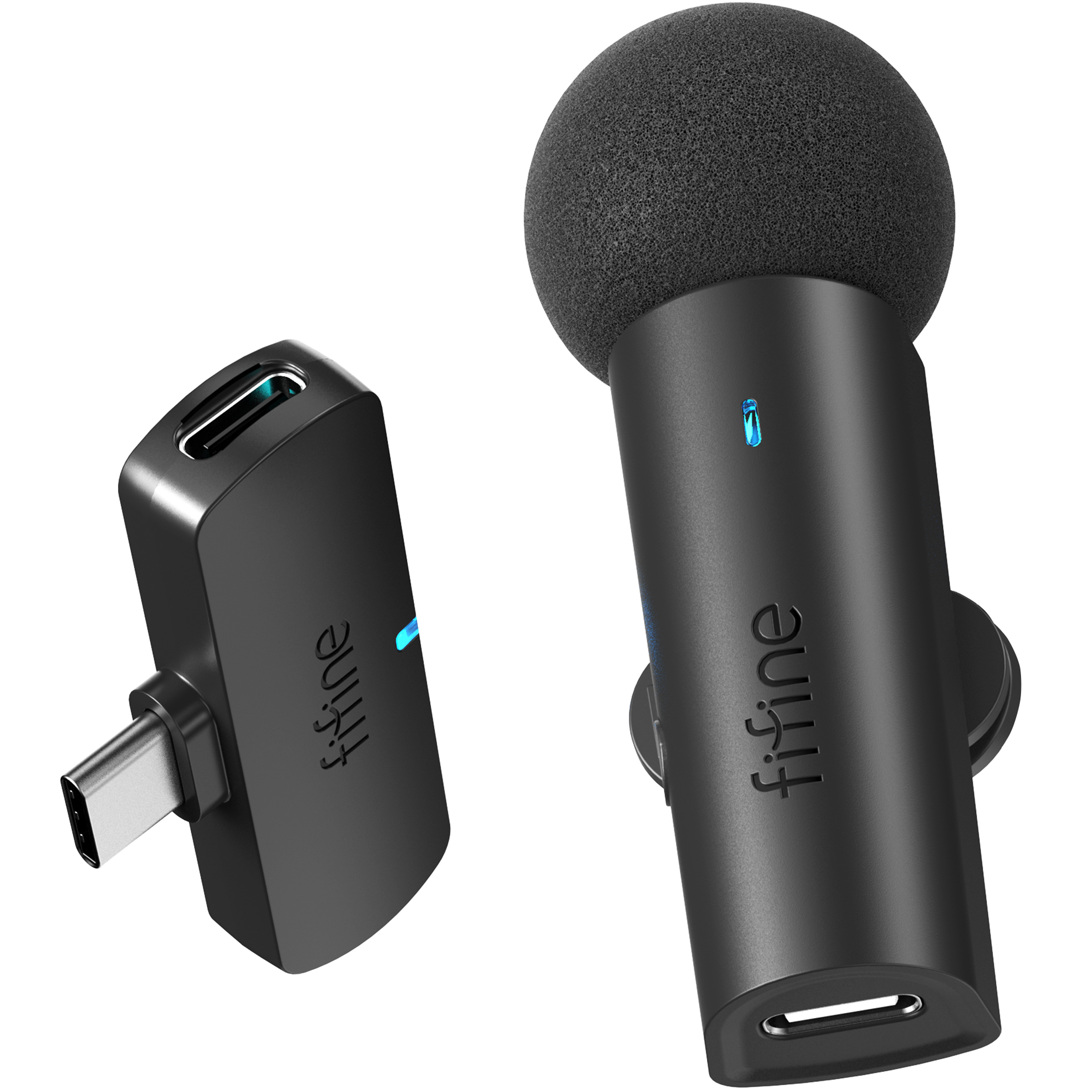 Dwa czarne mikrofony z osłonami przeciwwiatrowymi i złączami USB-C.