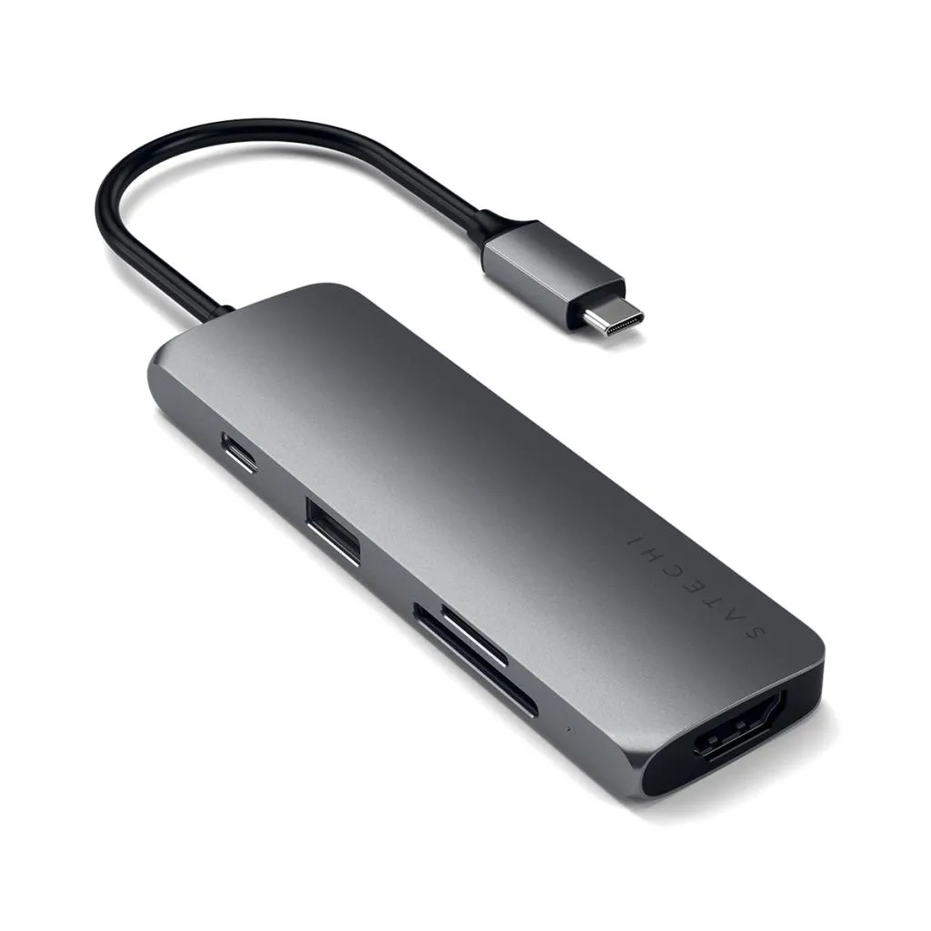 Szary hub USB-C z gniazdami HDMI, USB-A i kart SD.