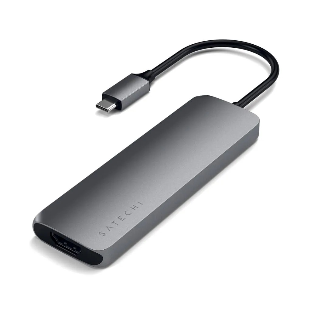Szary hub USB-C z portem HDMI i kablem.