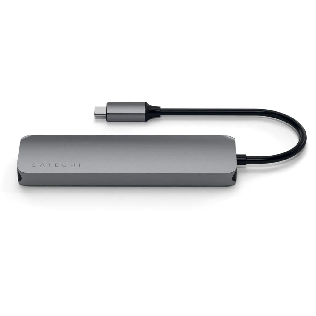Szary hub USB-C z kablem i złączem, na białym tle.
