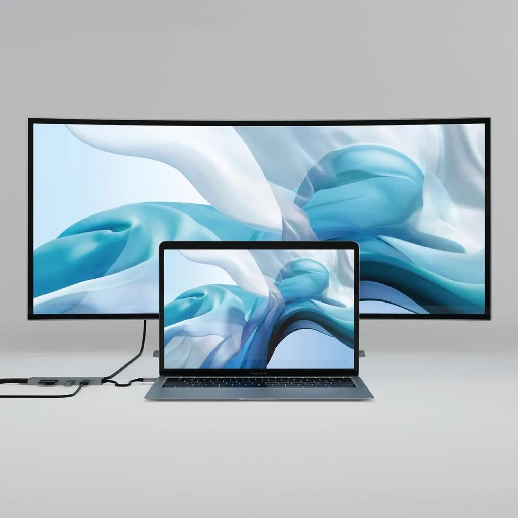 Laptop podłączony do dużego zakrzywionego monitora wyświetla abstrakcyjne niebiesko-białe kształty.