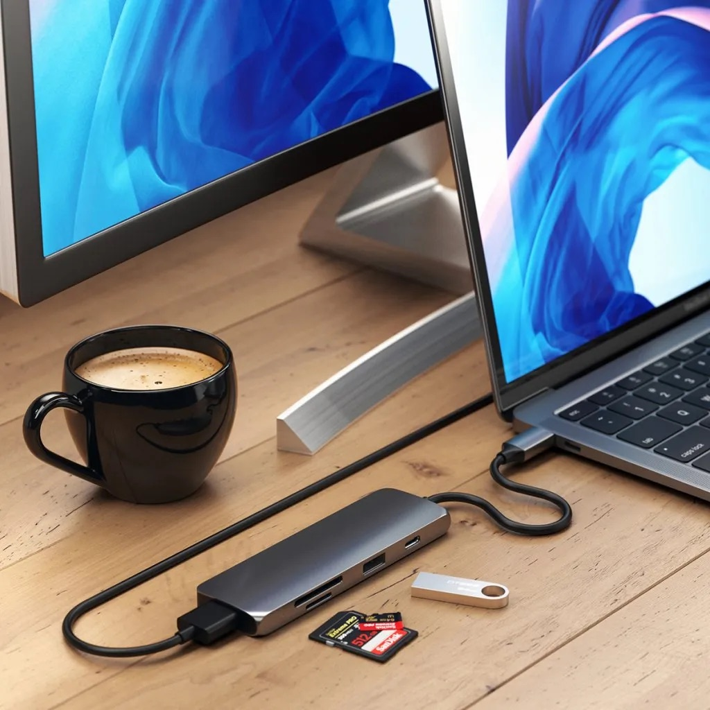 Laptop, monitor, hub USB, filiżanka kawy i karty SD na drewnianym biurku.