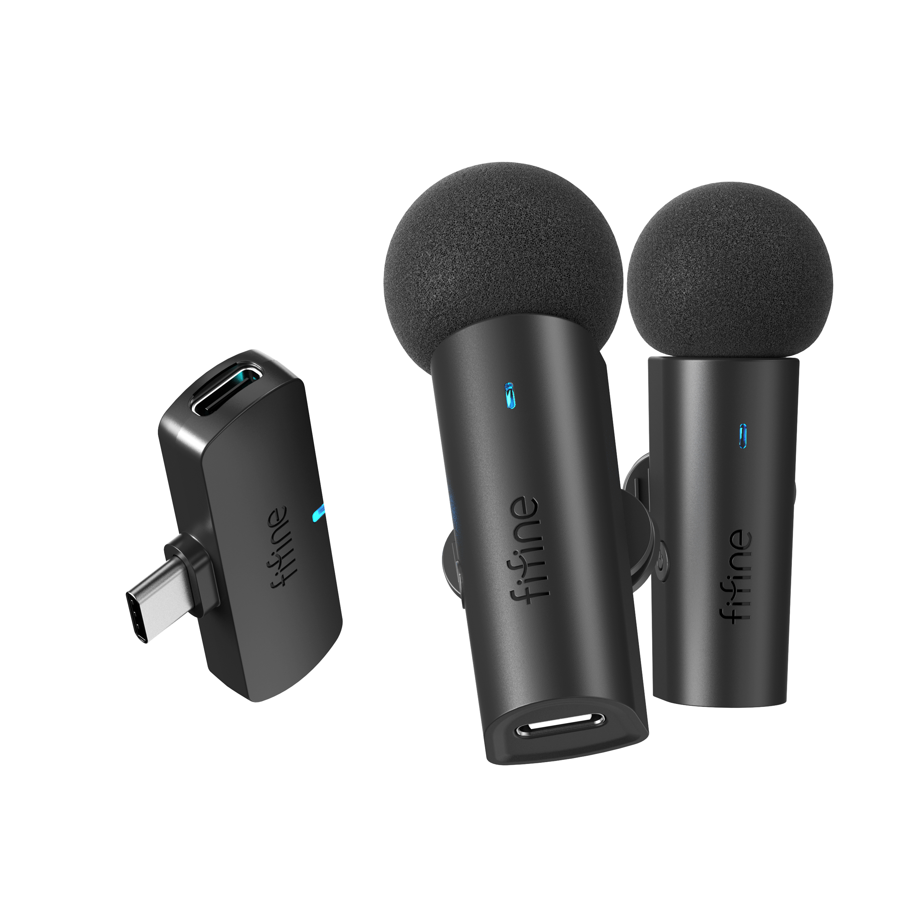Dwa czarne mikrofony z piankowymi kulkami i nadajnik USB-C.