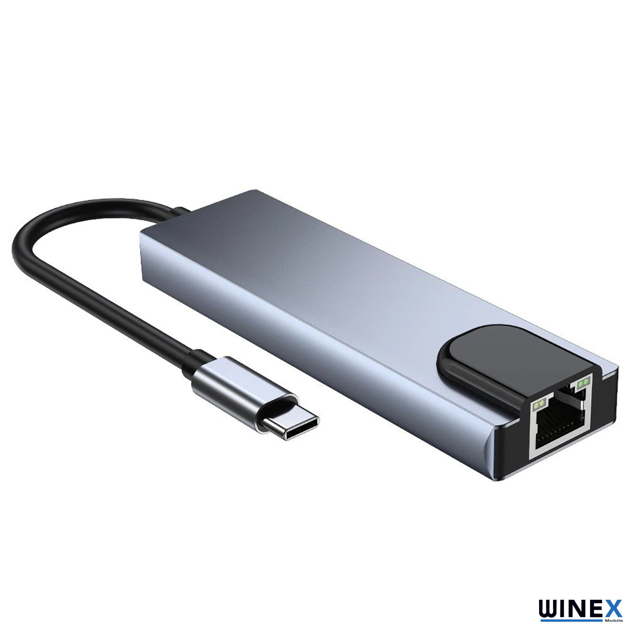 Ethernet portlu ve kablolu gri USB-C adaptörü.