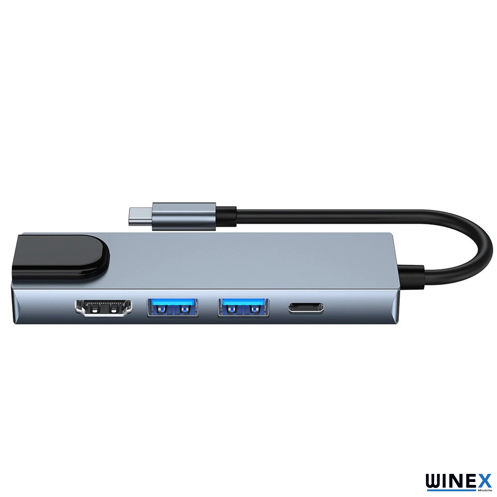 HDMI, 2x USB-A ve USB-C bağlantı noktalarına sahip gri USB-C hub.