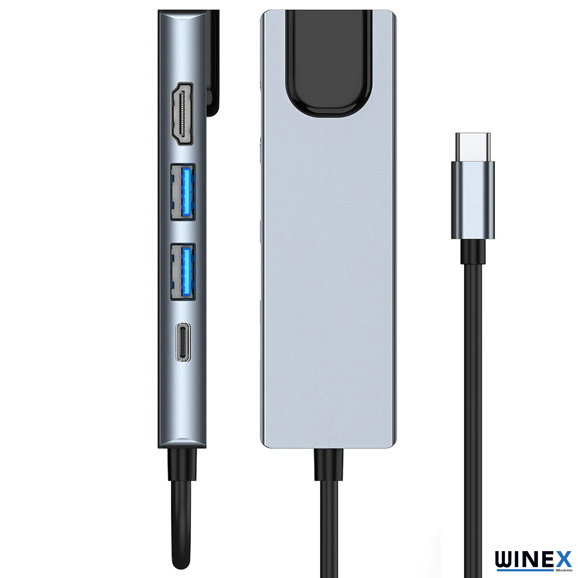 HDMI, USB-A ve USB-C bağlantı noktalarına sahip gri USB-C hub.