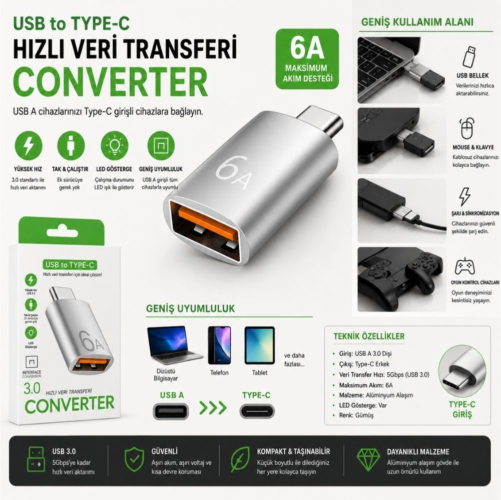 Gümüş renkli, 6A destekli USB-A - USB-C dönüştürücü alüminyum gövdeye sahip.