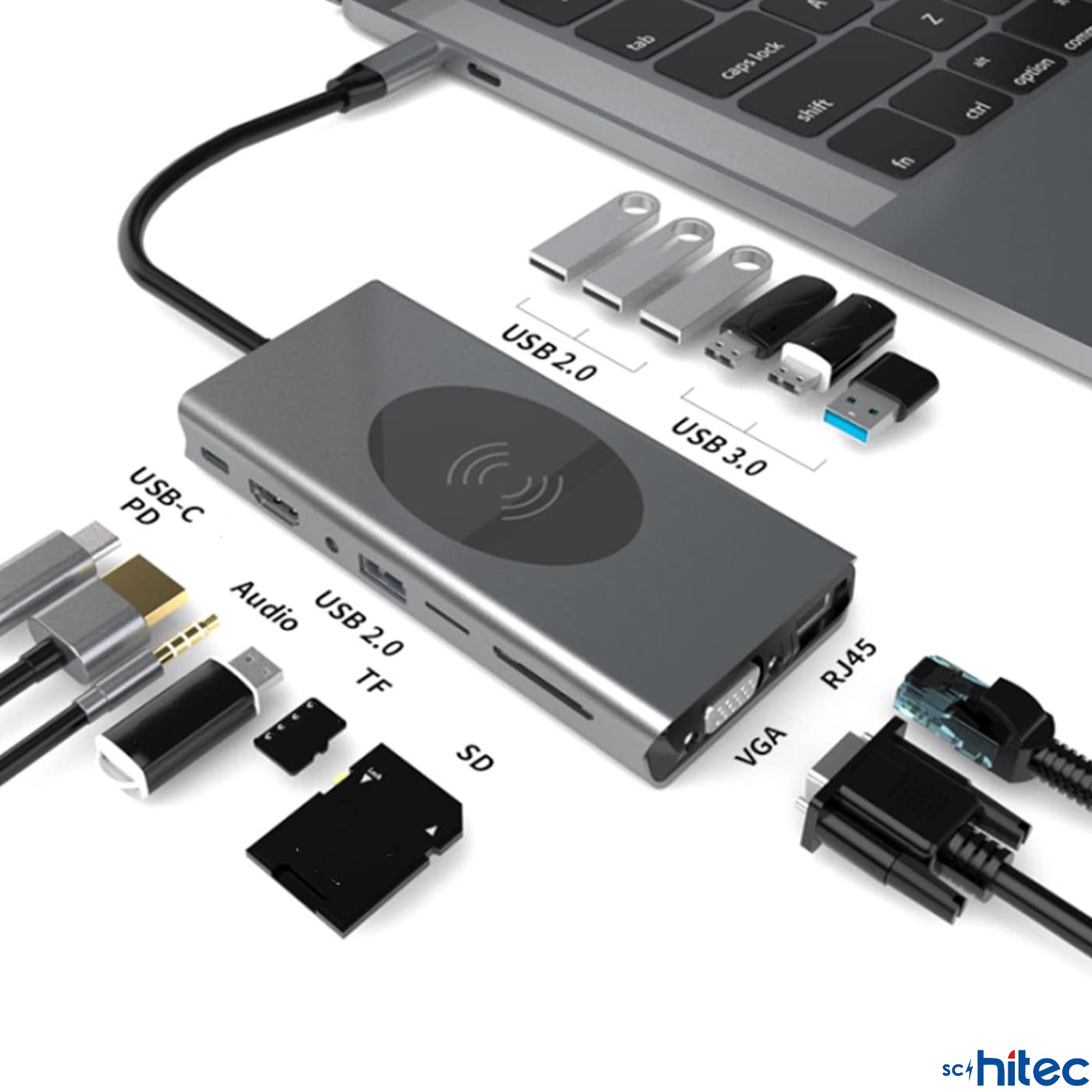 USB 2.0, USB 3.0, Ses, SD, TF, VGA ve RJ45 bağlantı noktalarına sahip bir USB-C hub.