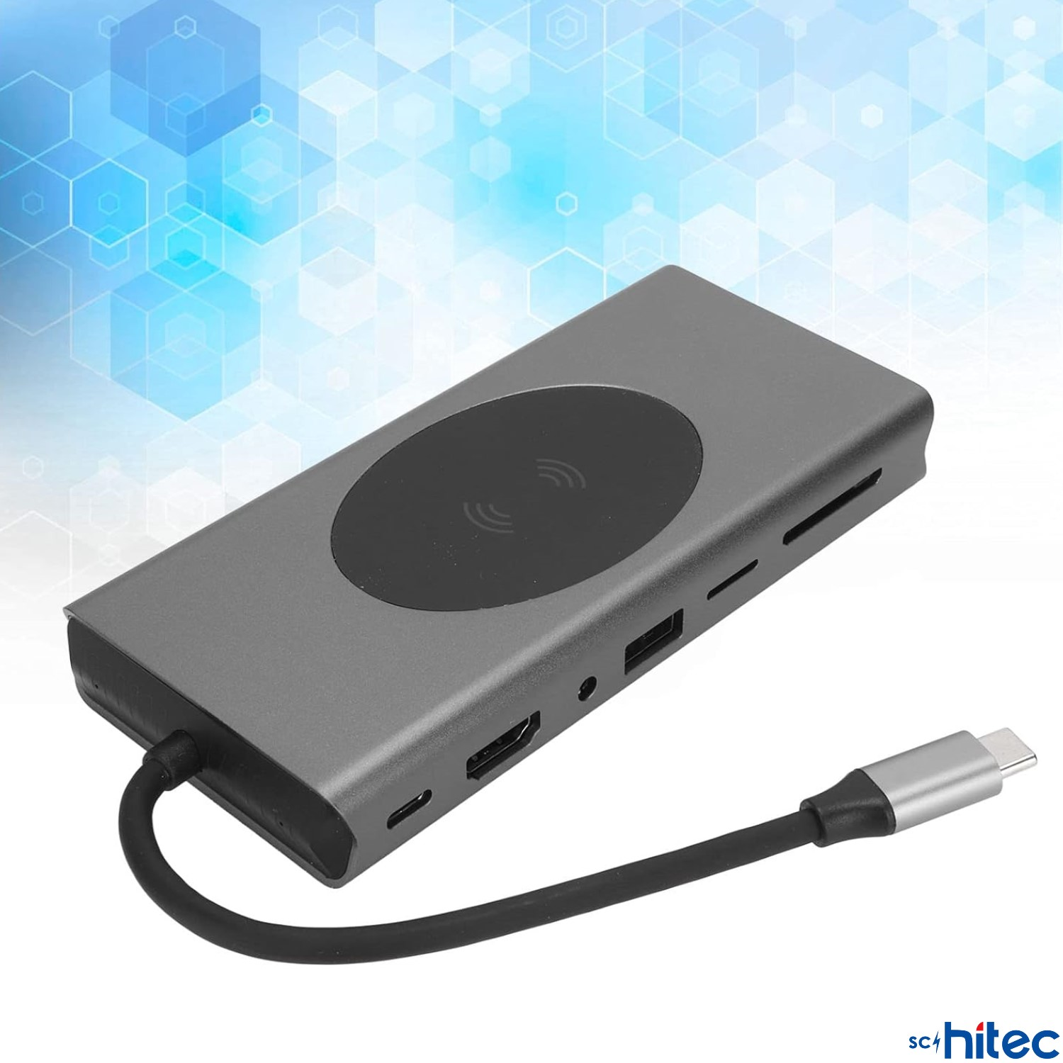 Kablosuz şarjlı, çok portlu gri USB-C hub.