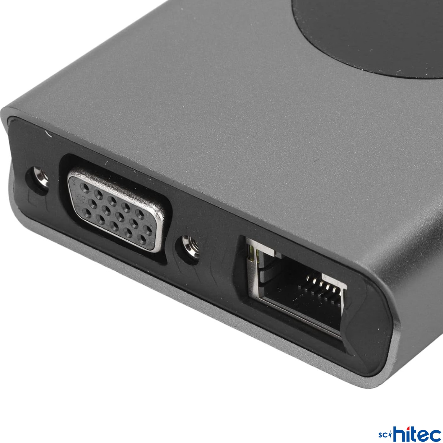 VGA ve Ethernet bağlantı noktalı gri adaptör.