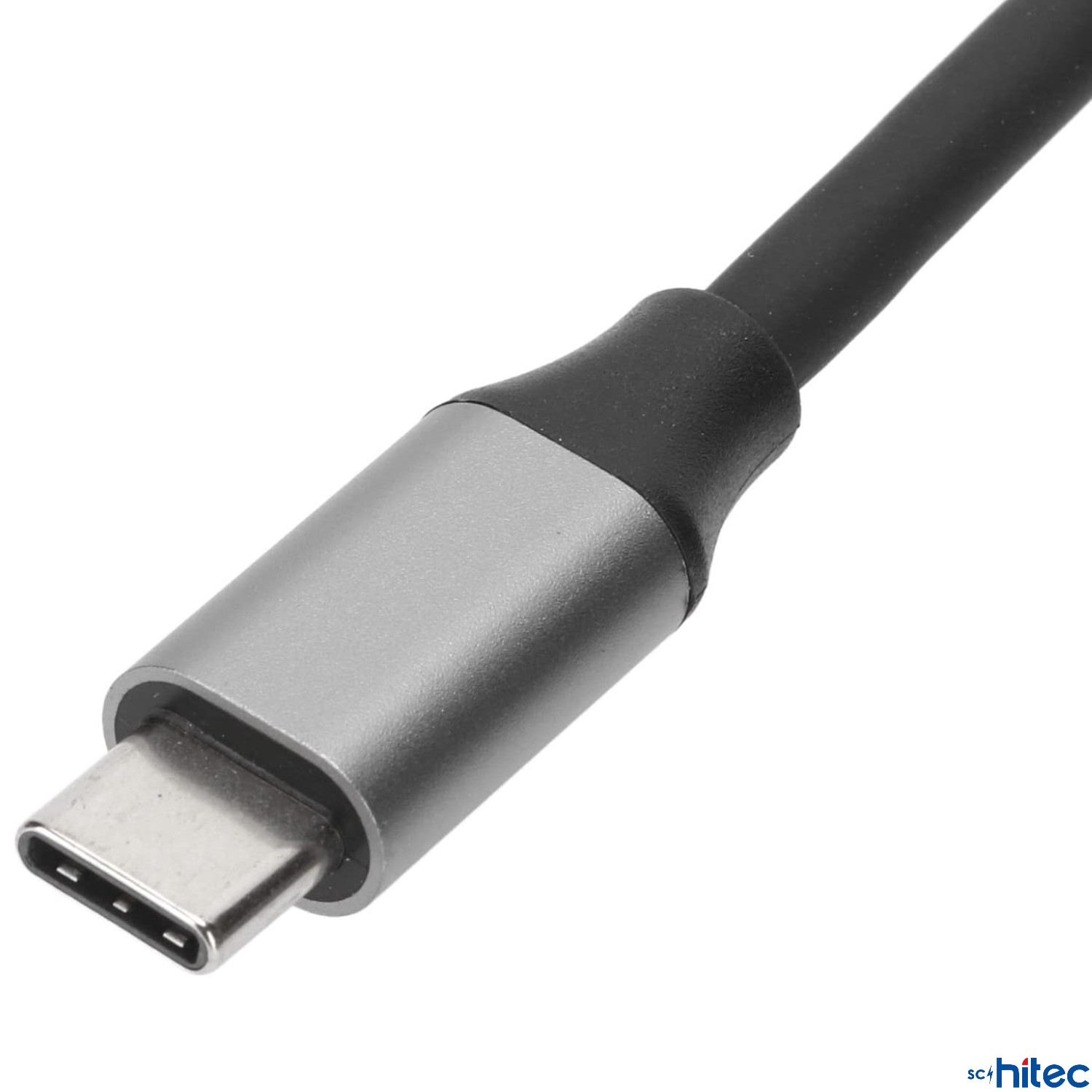 Siyah kablolu gri USB-C konektörü.