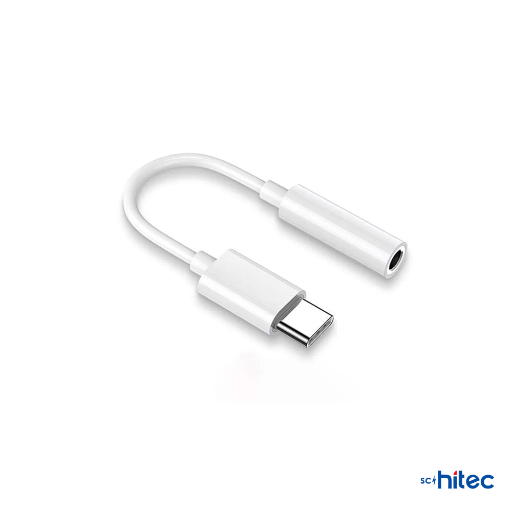 Beyaz USB-C - 3,5 mm kulaklık adaptörü beyaz zeminde.