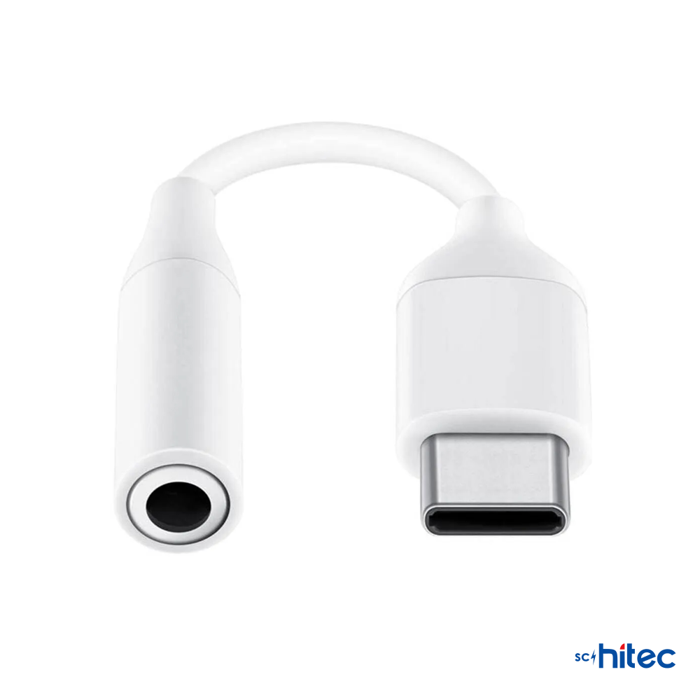 Kablolu beyaz bir USB-C - 3,5 mm ses adaptörü.