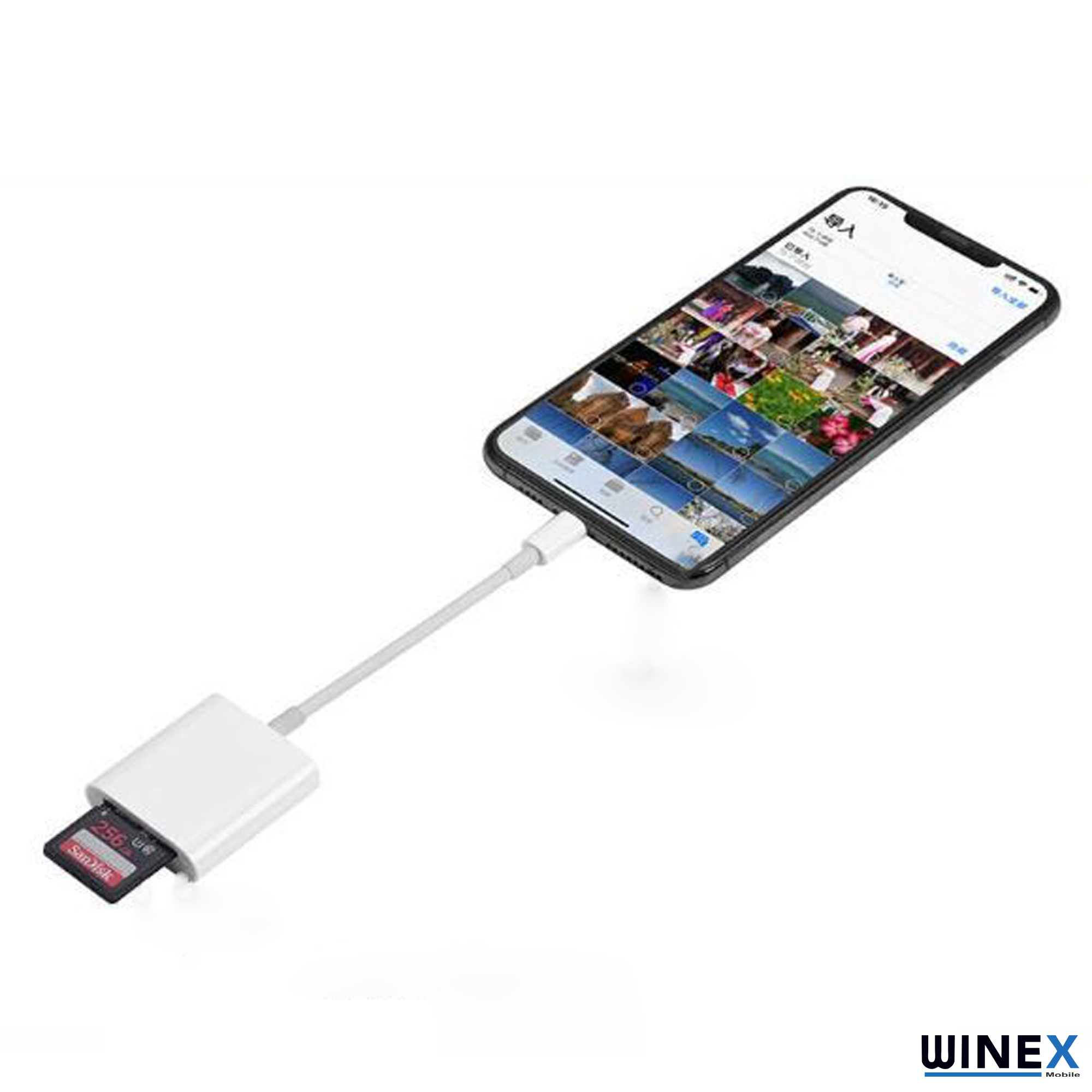 Takılı SD kartlı bir SD kart okuyucuya bağlı akıllı telefon.