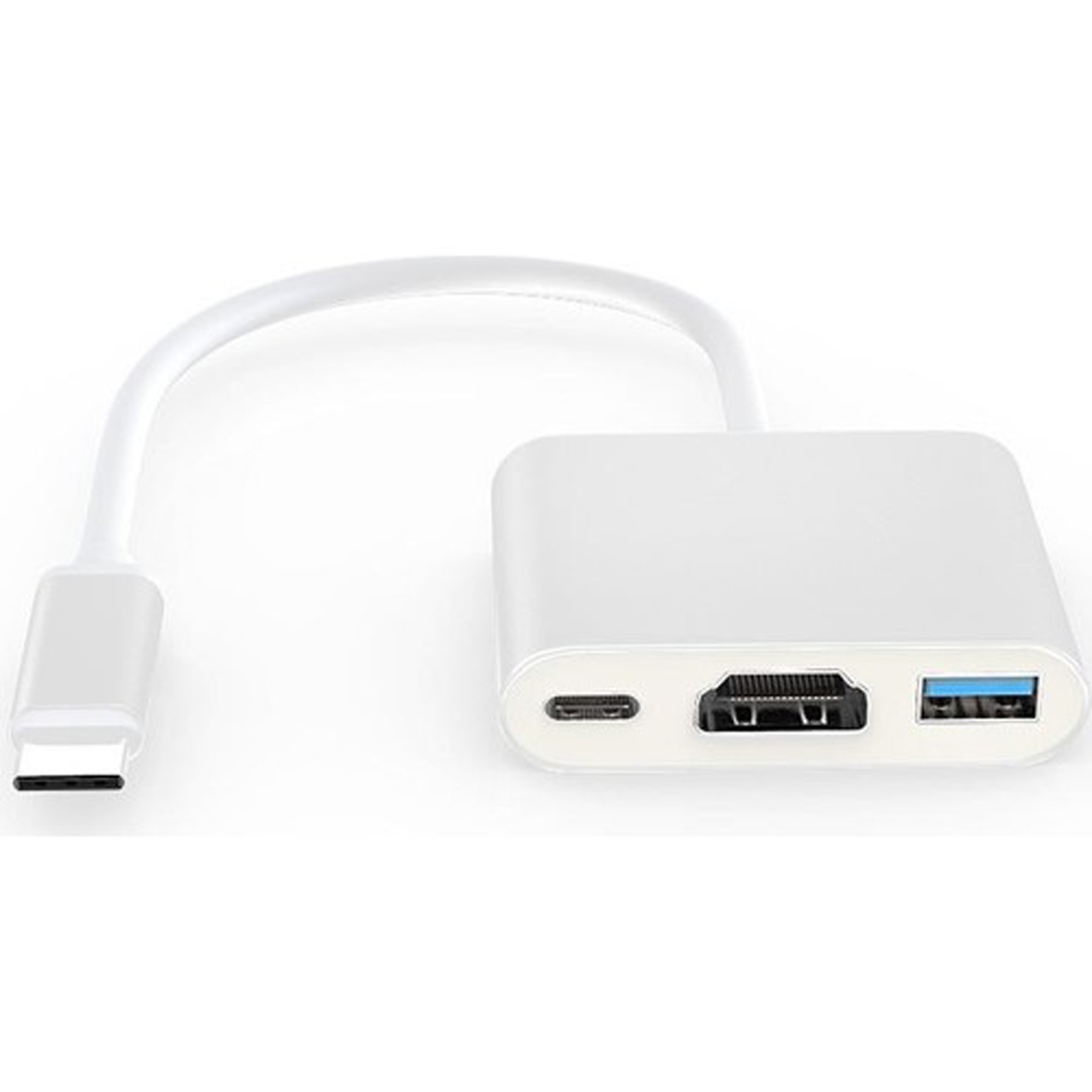 HDMI, USB-A ve USB-C bağlantı noktalarına sahip beyaz USB-C adaptörü.