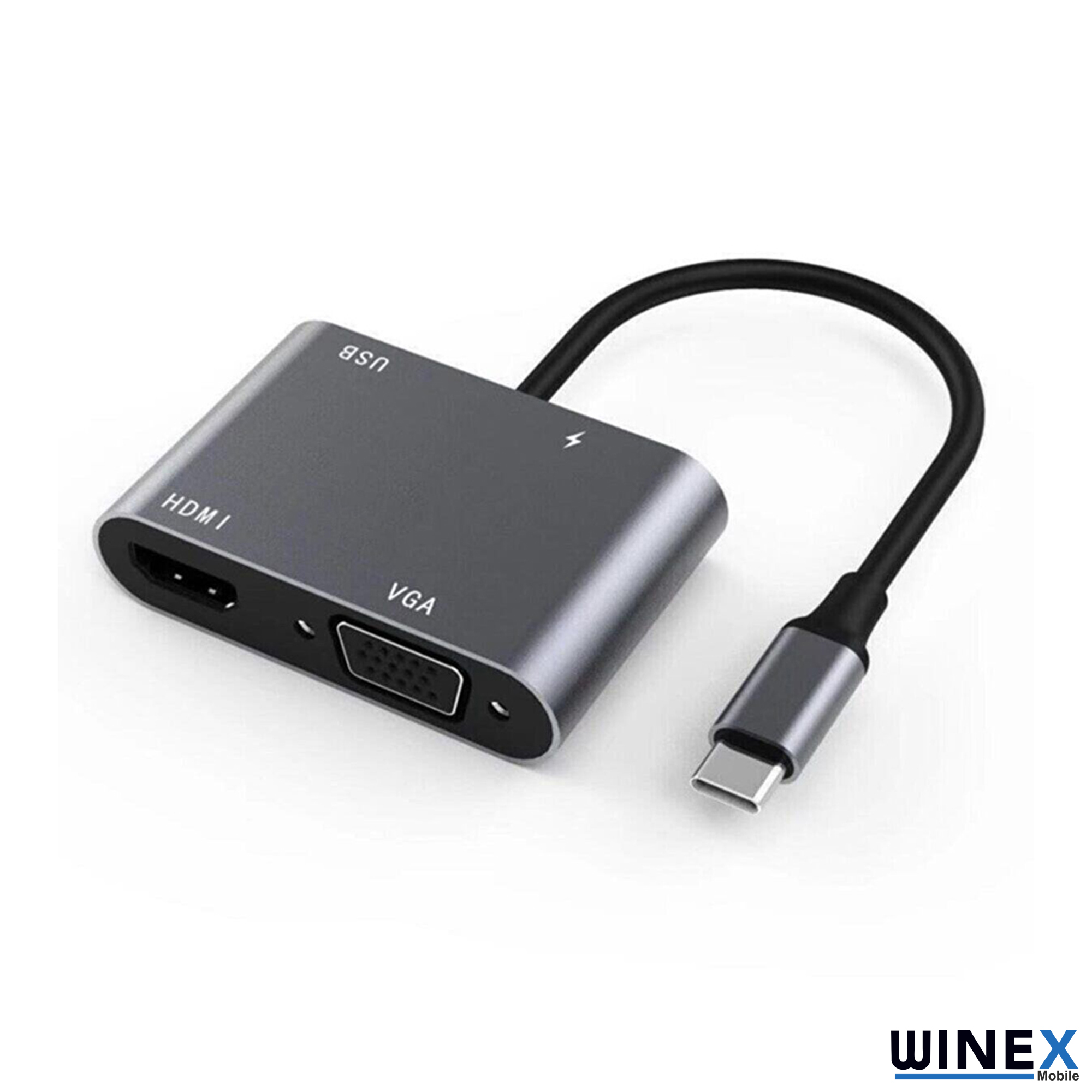 Beyaz arka planda, HDMI, VGA ve USB bağlantı noktalarına sahip gri bir USB-C hub, siyah bir kabloyla USB-C fişine bağlı.
