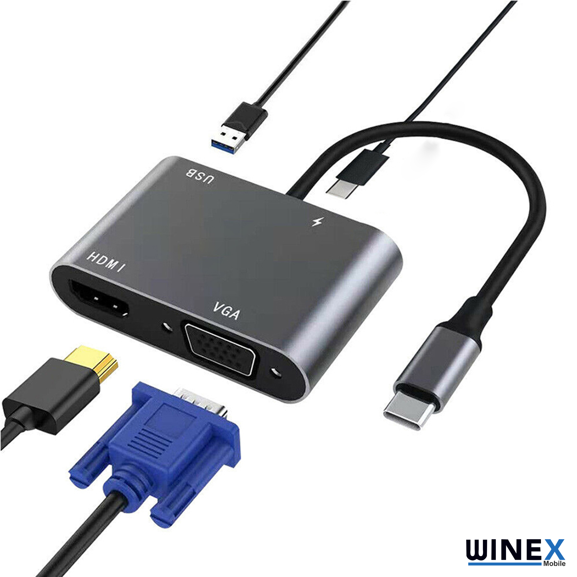 Gri USB-C hub, HDMI, VGA ve USB portları ile, kablolar dahil.