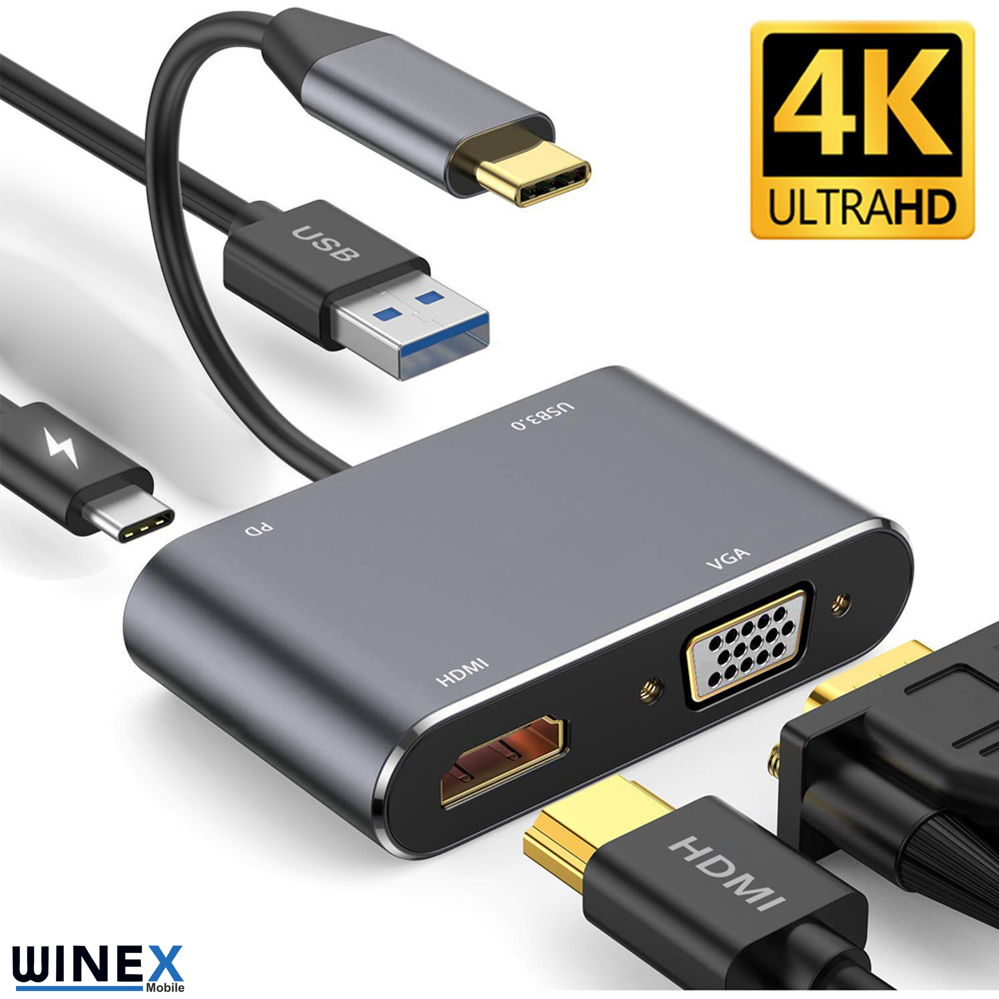 HDMI, VGA ve USB-A bağlantı noktalarına sahip gri USB-C adaptörü.