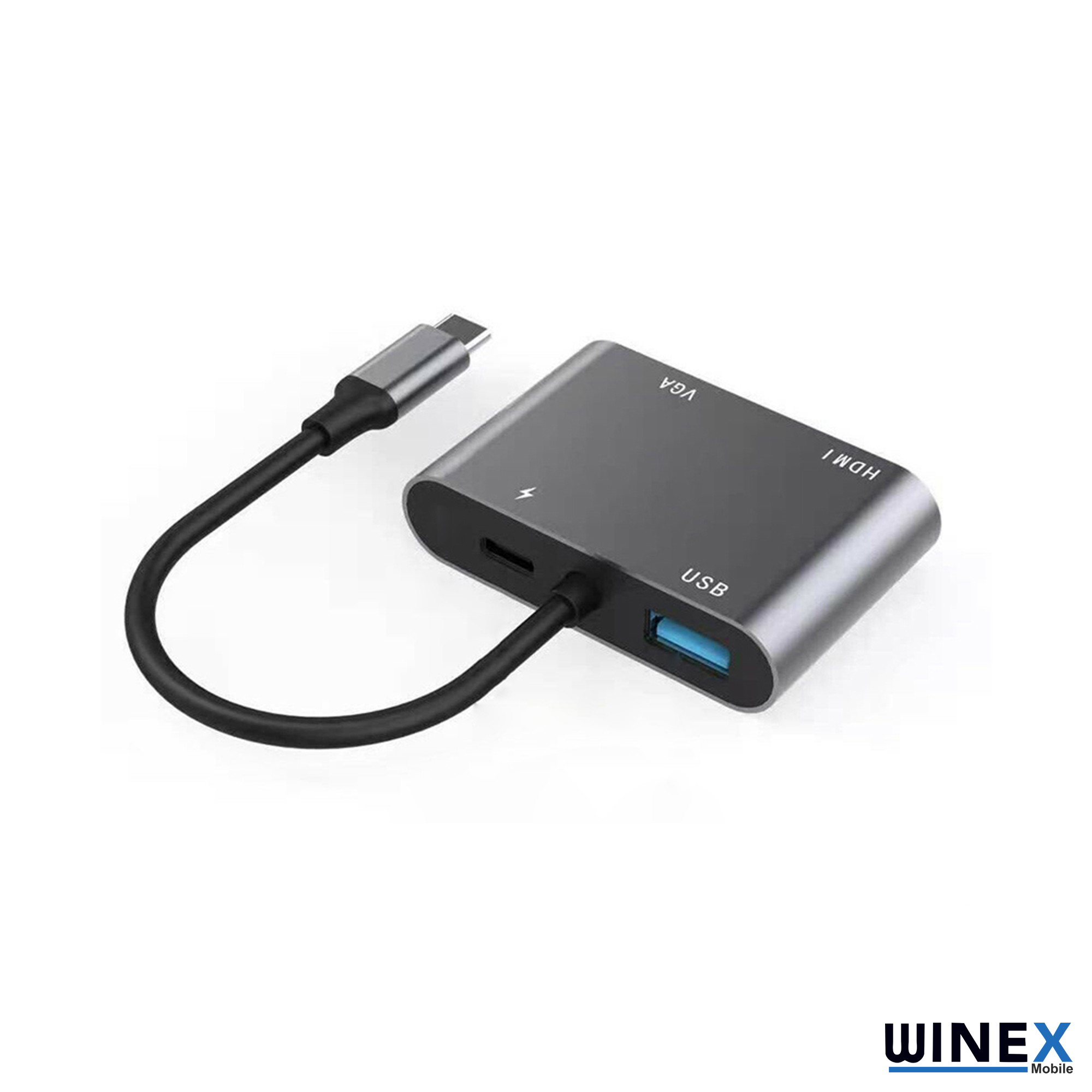 HDMI, VGA ve USB bağlantı noktalarına sahip gri USB-C adaptörü.
