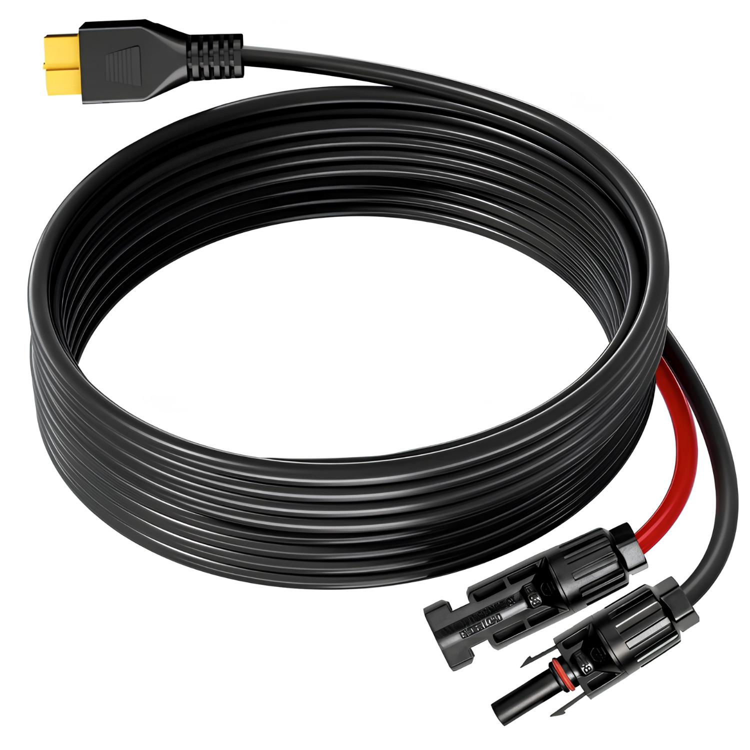 Czarny kabel solarny z żółtym złączem i czerwonymi końcówkami.